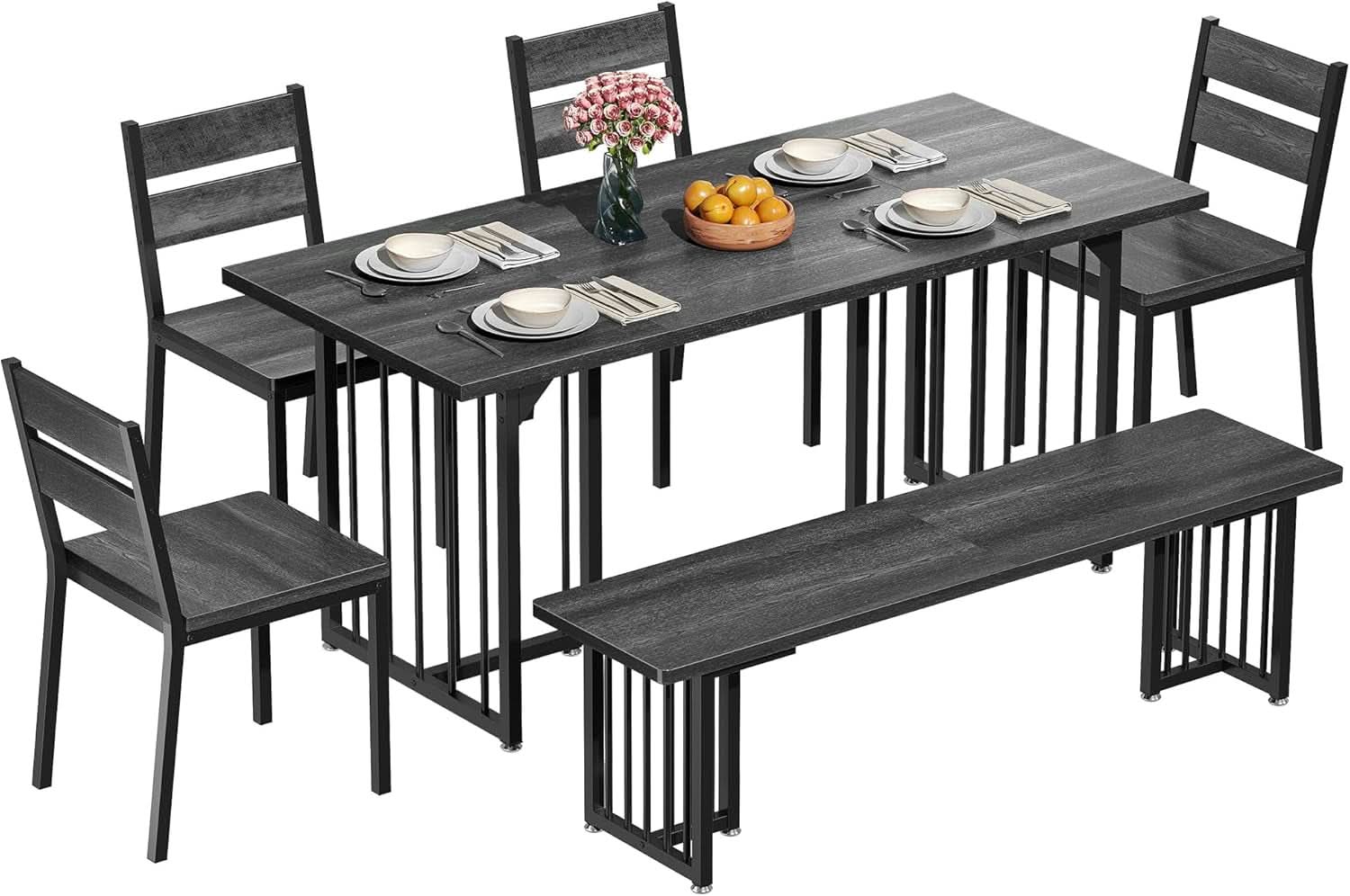 Juego de comedor rectangular gris oscuro de 63 pulgadas estilo rústico