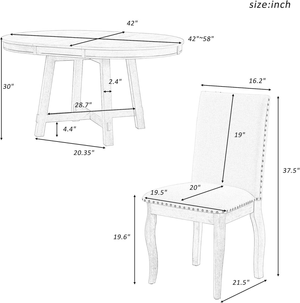 Juego de mesa de comedor redonda extensible estilo rústico, acabado roble con sillas tapizadas