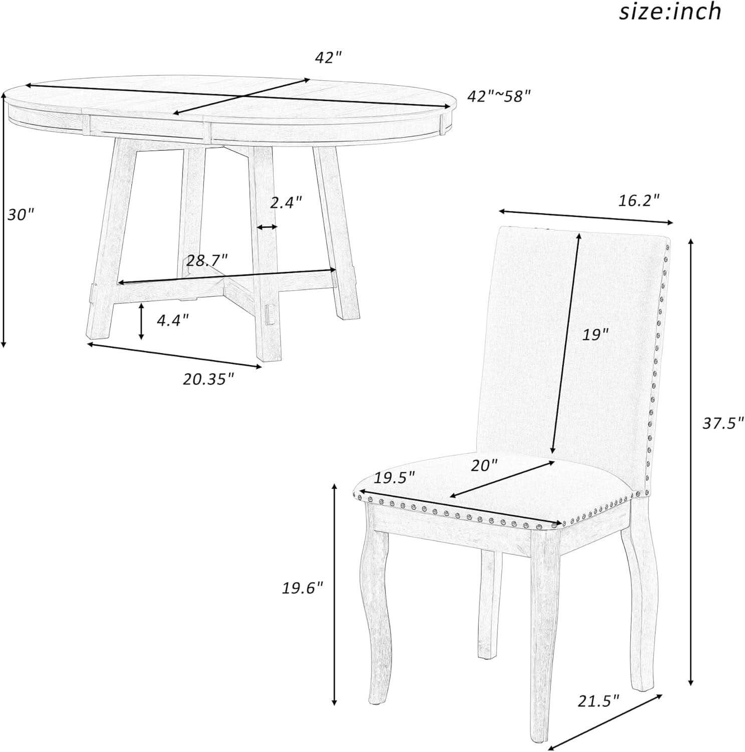 Juego de mesa de comedor redonda extensible estilo rústico, acabado roble con sillas tapizadas