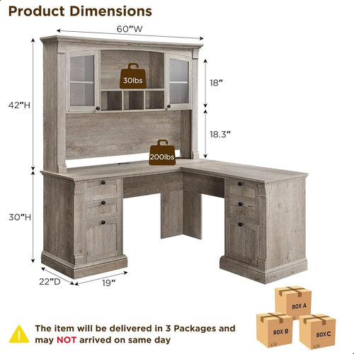 60-Inch L-Shaped Desk With Hutch Light Rustic Oak Finish