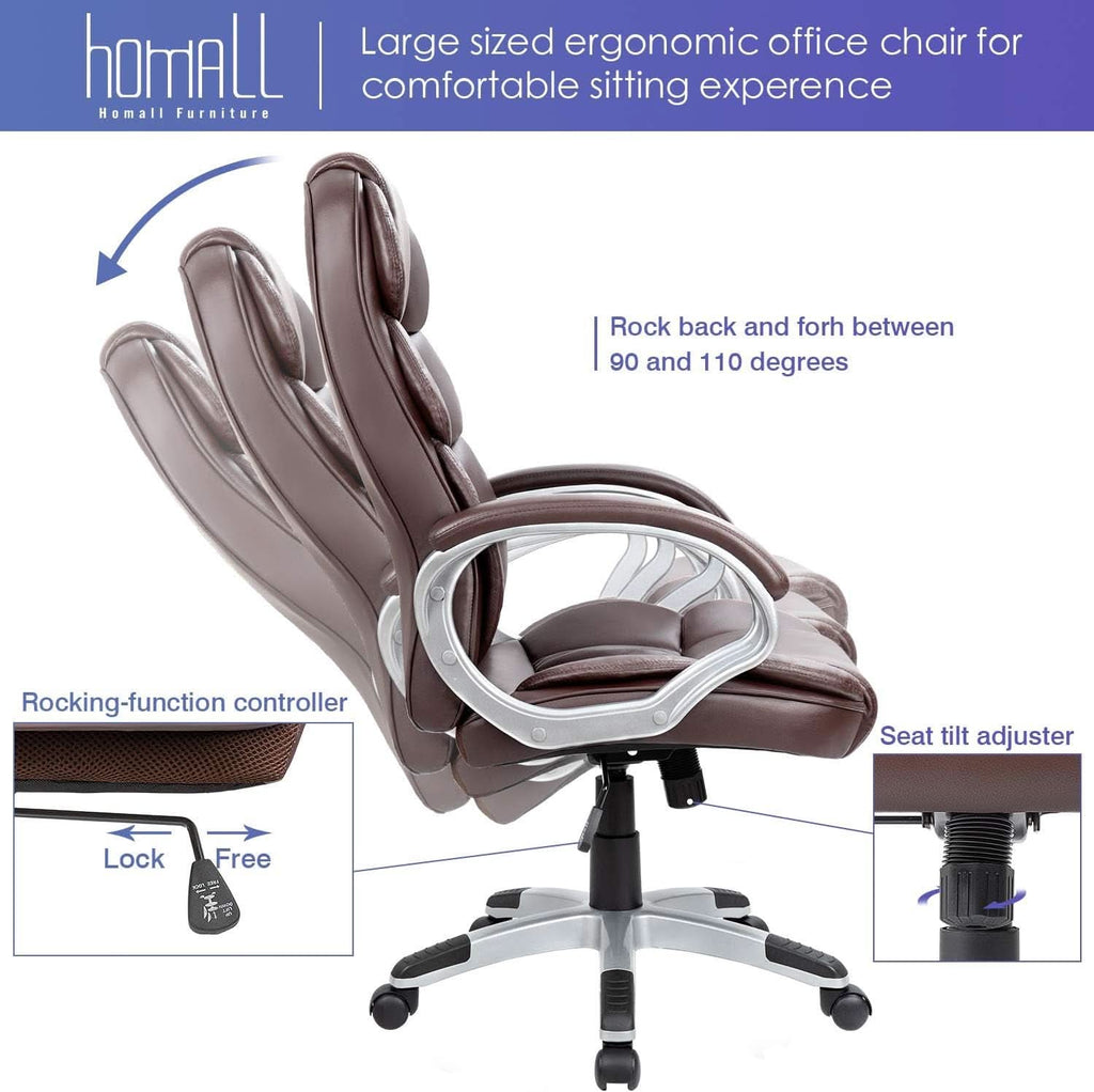Sillón de oficina ergonómico con respaldo alto, lumbar, de cuero sintético marrón