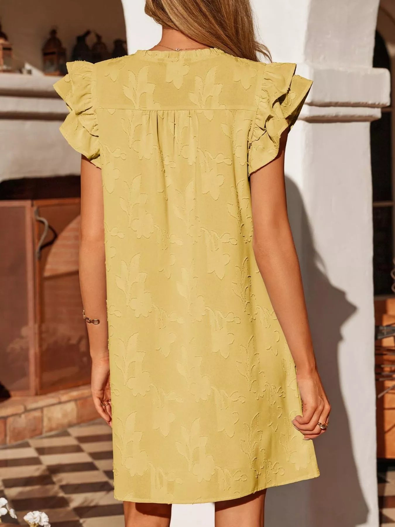 Floral Embossed Ruffle Sleeve Mini Dress