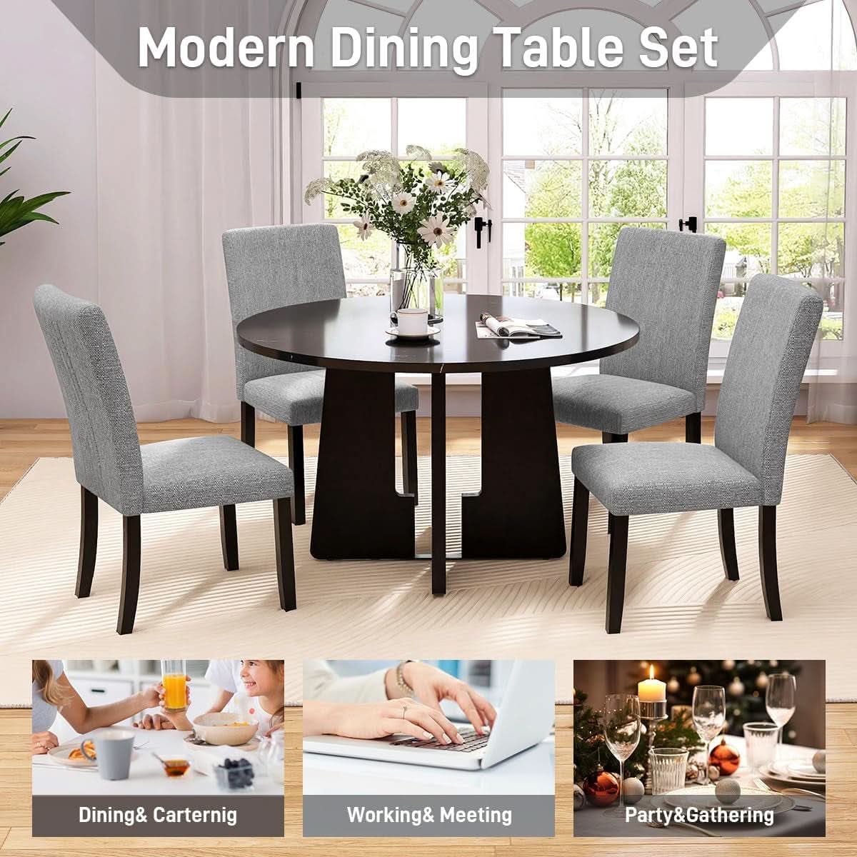 Juego de mesa de comedor redonda sólida de cinco piezas gris y negro