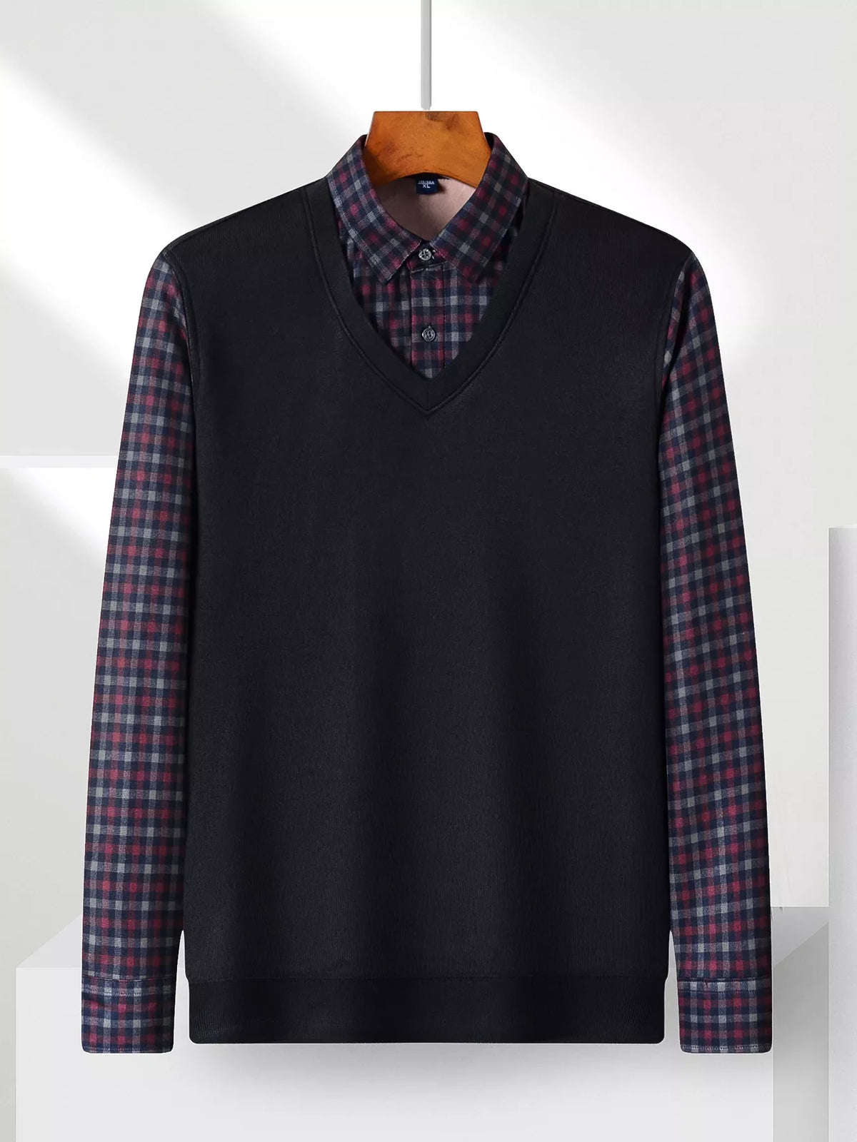 Men's Plus Size Striped Long Sleeve Fake Two-Piece Knit Top