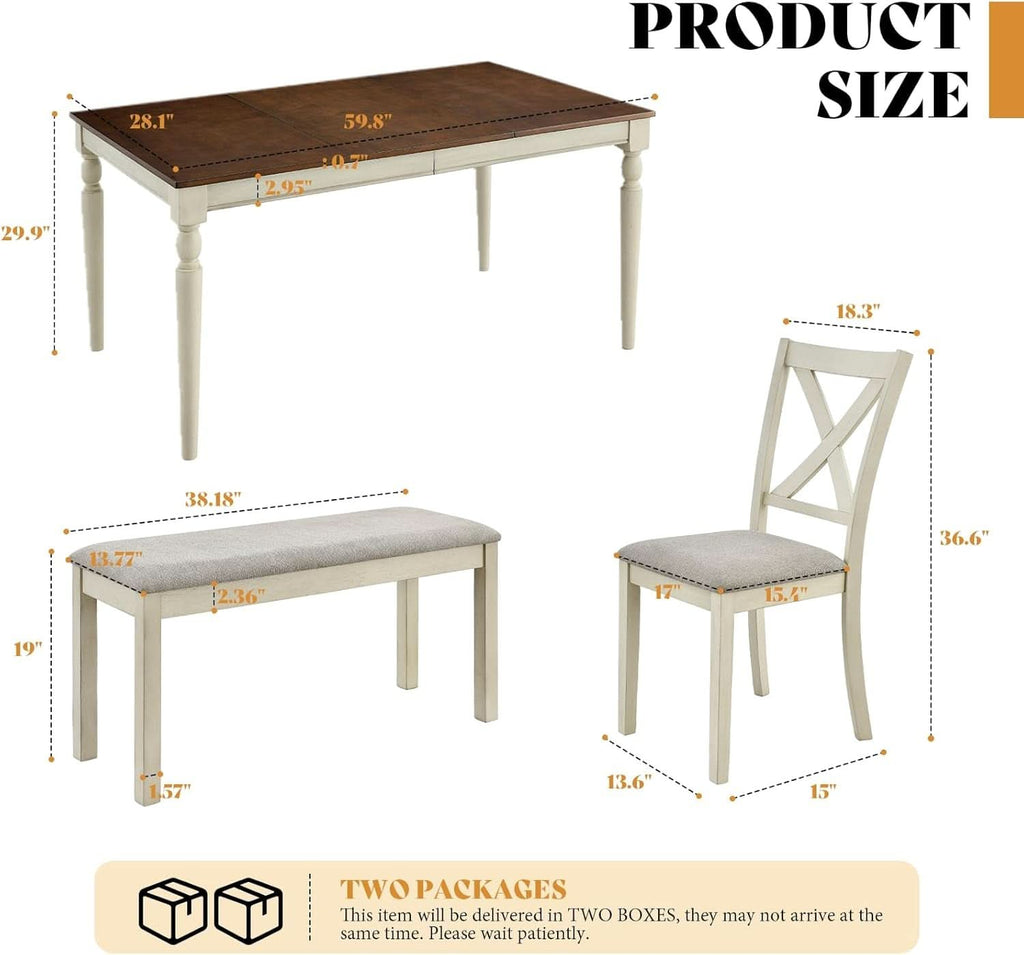 Juego de Mesa de Comedor de Madera Maciza de Nogal de Sesenta Pulgadas con Sillas Tapizadas