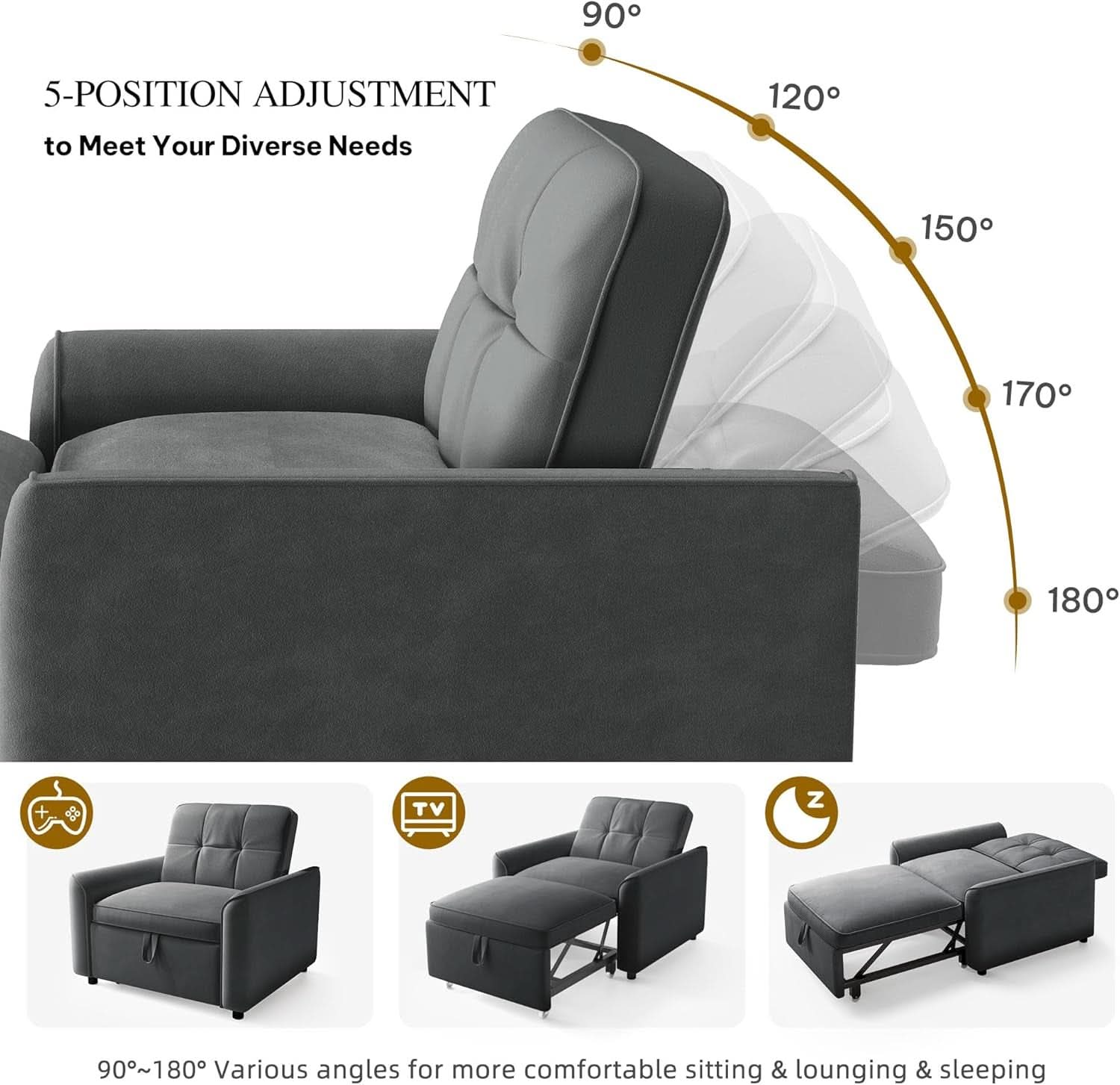 Sillón Cama Convertible Tapizado en Terciopelo Gris