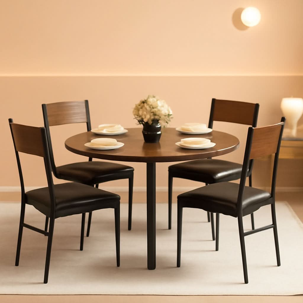 Juego de comedor redondo para cuatro personas, acabado en madera de nogal y metal