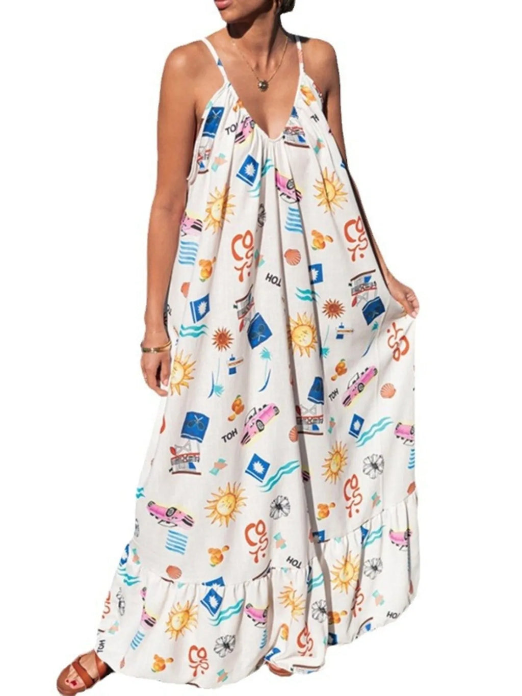 Bedrucktes sommerliches Maxikleid mit V-Ausschnitt