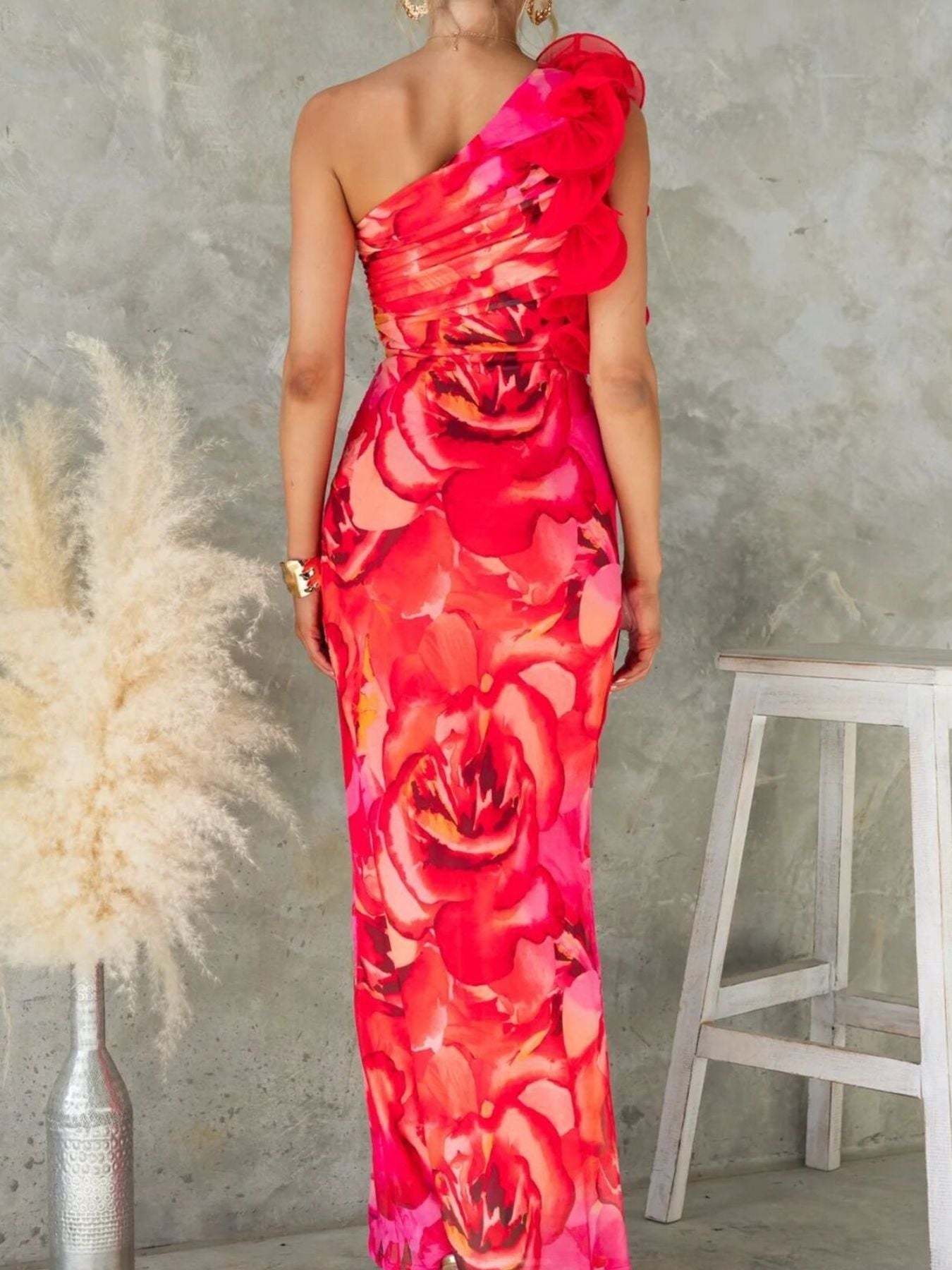Floral Print One-Shoulder Maxi Dress