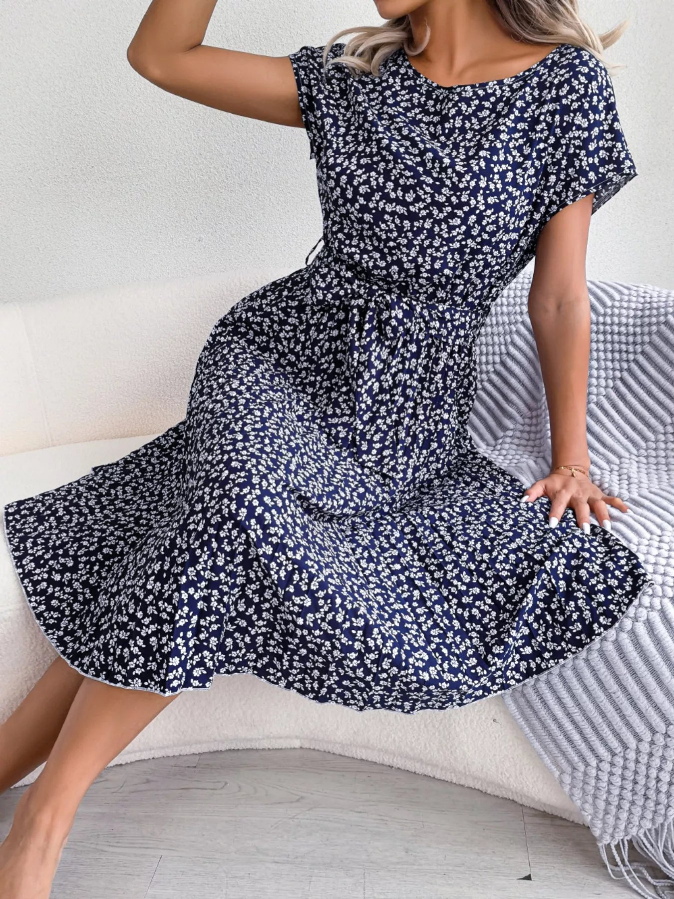 Women's Floral Pleated Midi Dress with Belt – Casual Spring Style