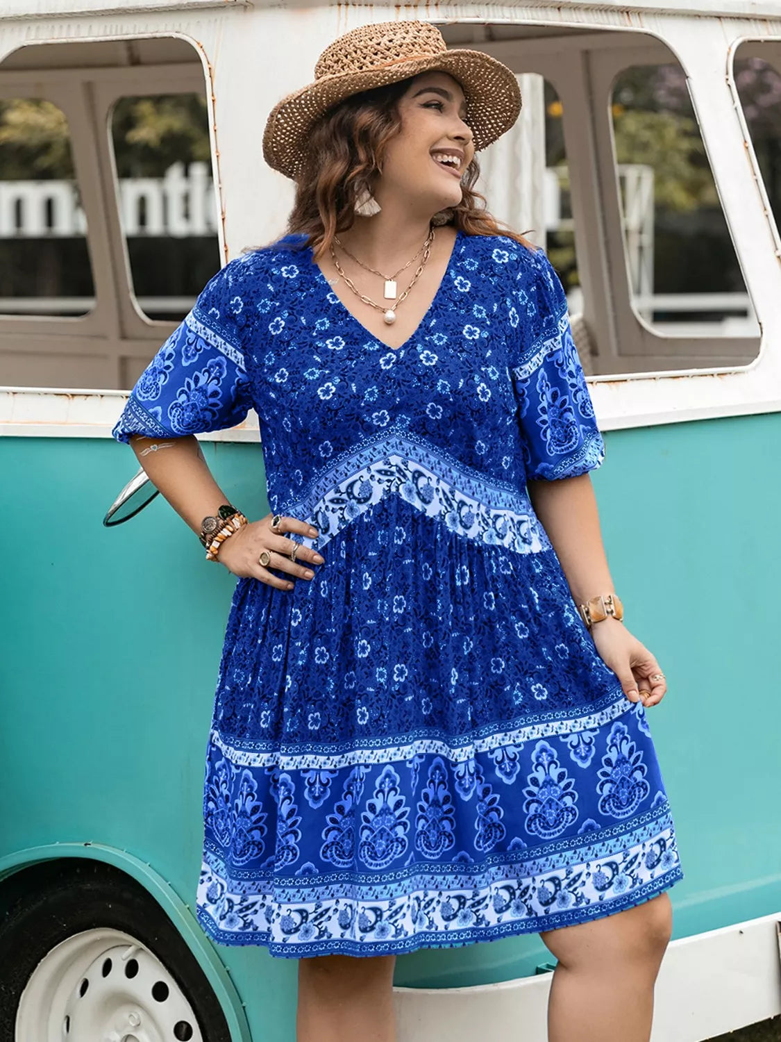 Plus Size Floral V-Neck Mini Dress