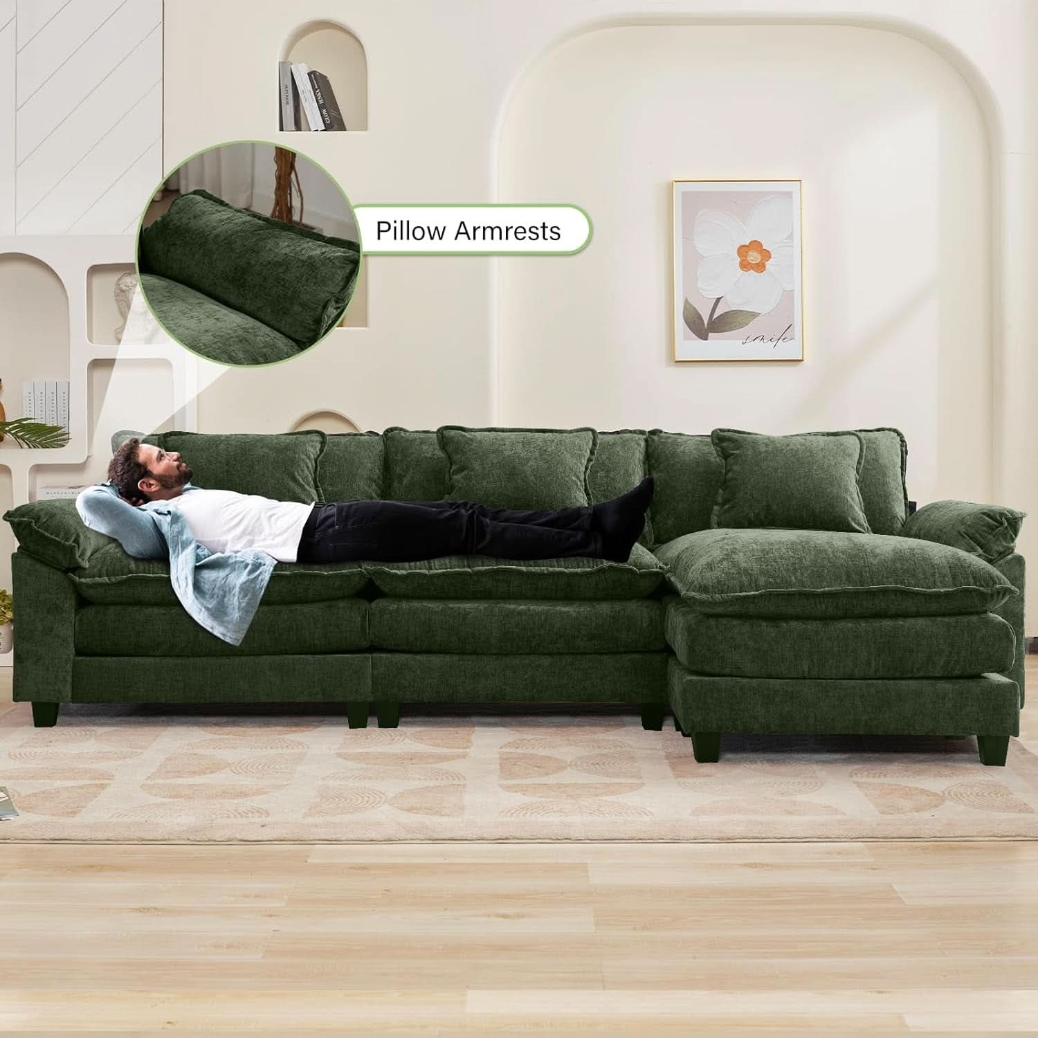 Sofá modular seccional verde de 120 pulgadas con otomana