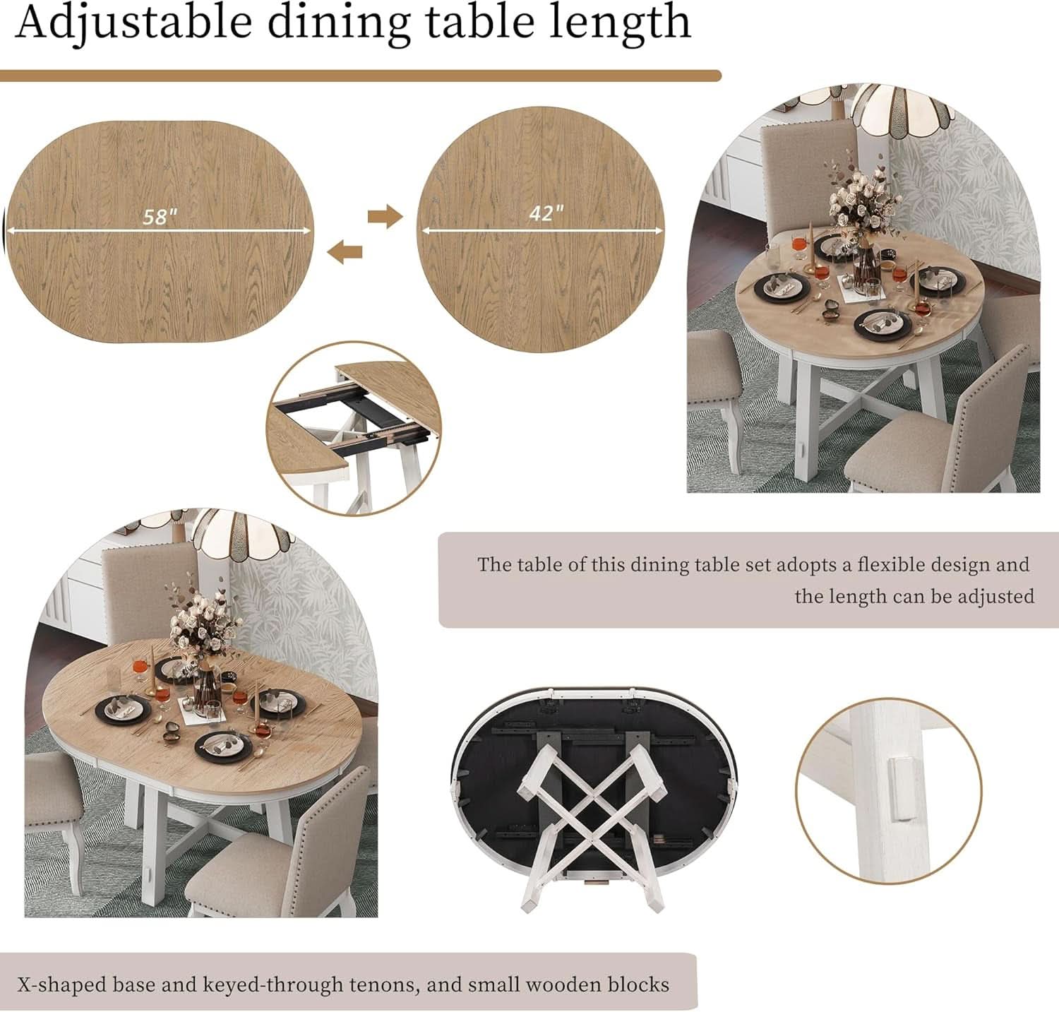 Juego de mesa de comedor redonda extensible estilo rústico, acabado roble con sillas tapizadas