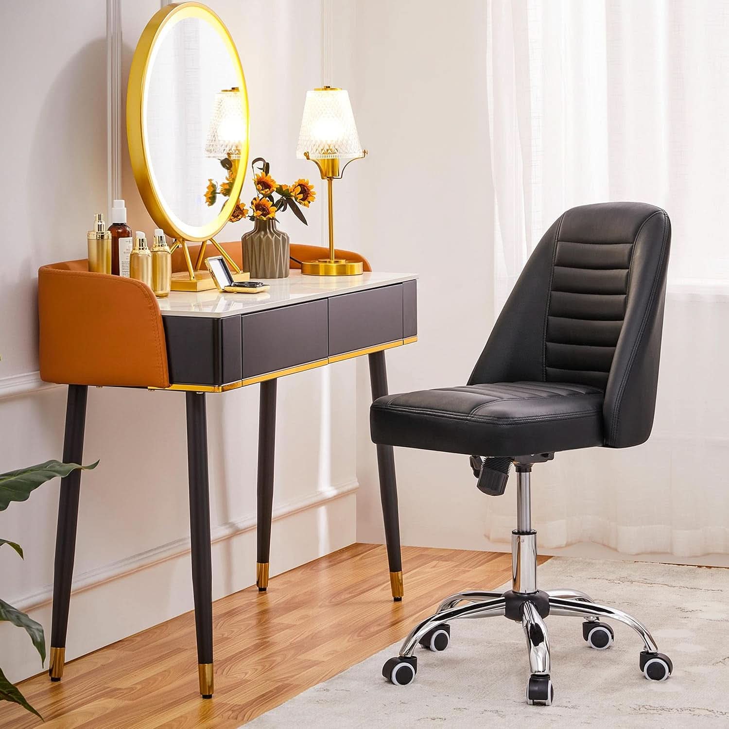 Armless PU Leather Office Chair Adjustable Height Black