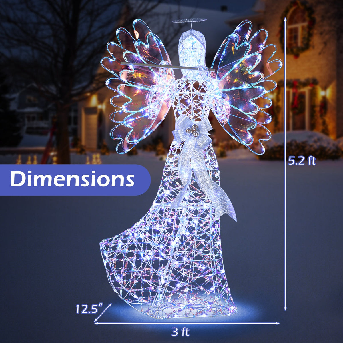 5.2 FT Lighted Angel Christmas Decoration 3D Glittering Halo Angel with Flute