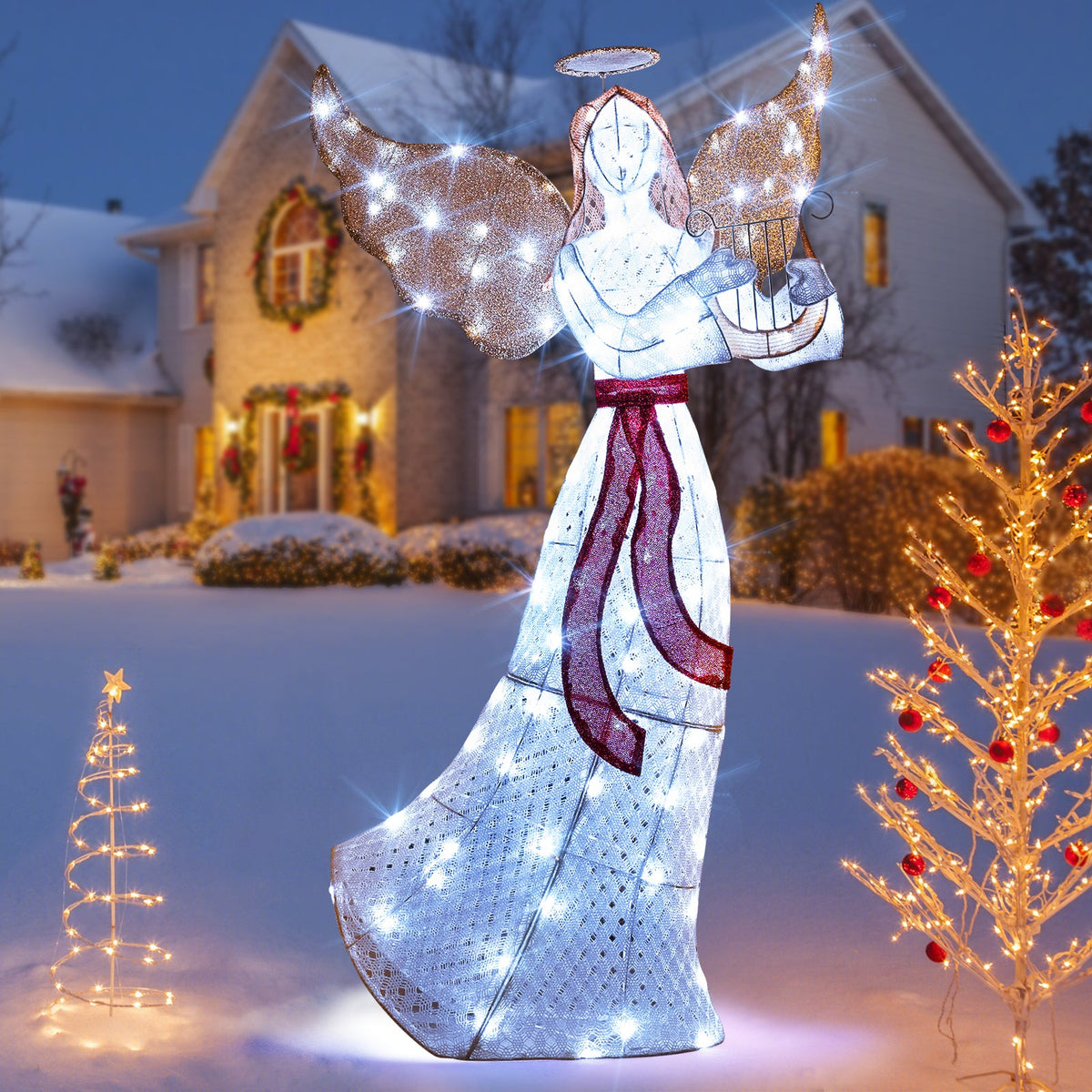 5 ft Christmas Lighted Angel with Harp and 120 Cold White LED Lights