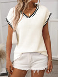 Contrast Trim V-Neck Short Sleeve Knit Top