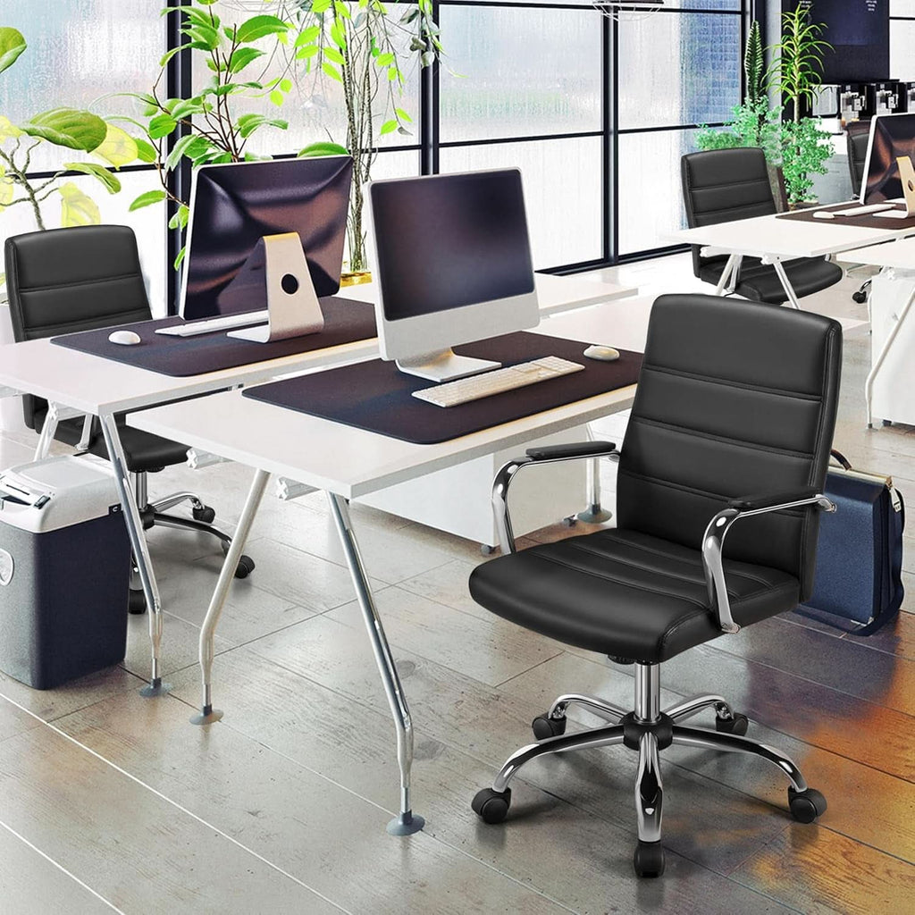 Silla de oficina ergonómica de respaldo medio de cuero sintético negro con soporte lumbar