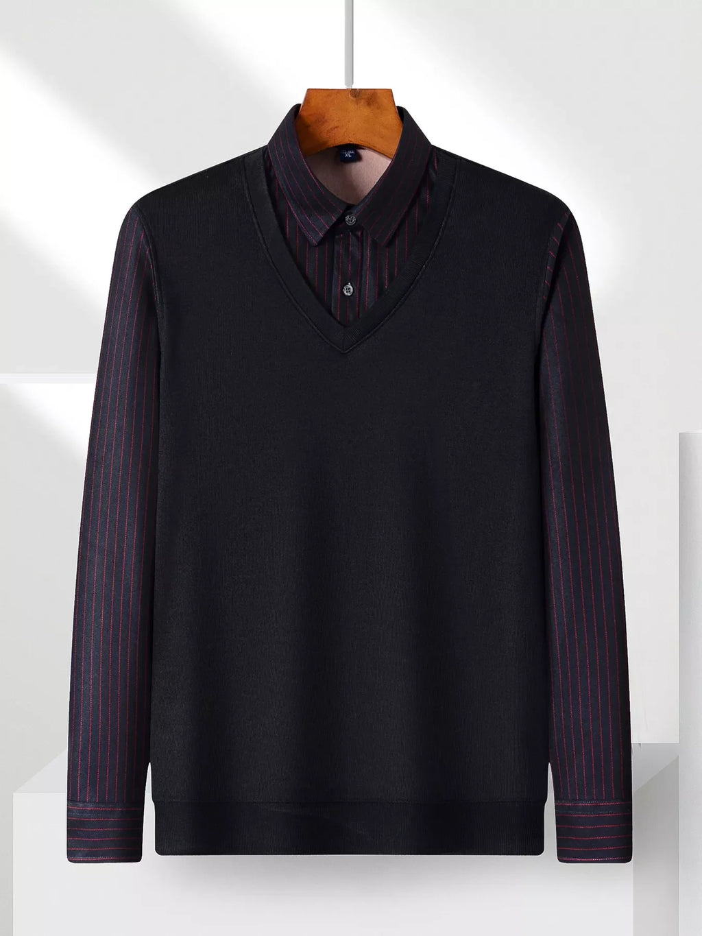 Men's Plus Size Striped Long Sleeve Fake Two-Piece Knit Top