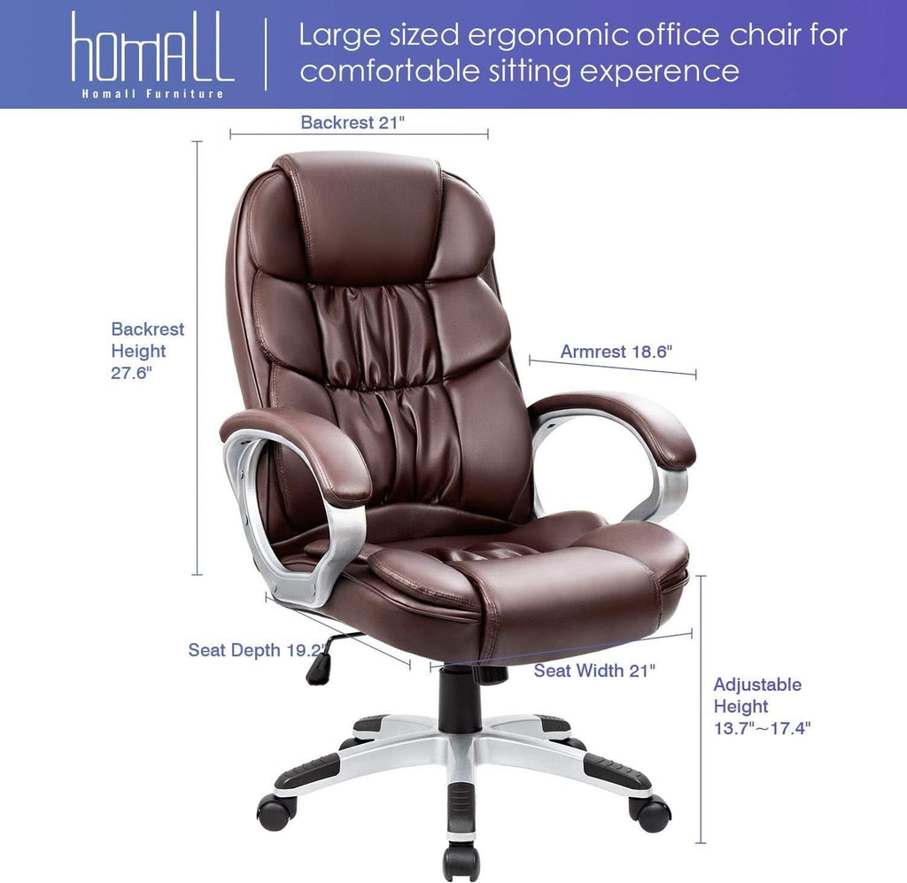 Sillón de oficina ergonómico con respaldo alto, lumbar, de cuero sintético marrón