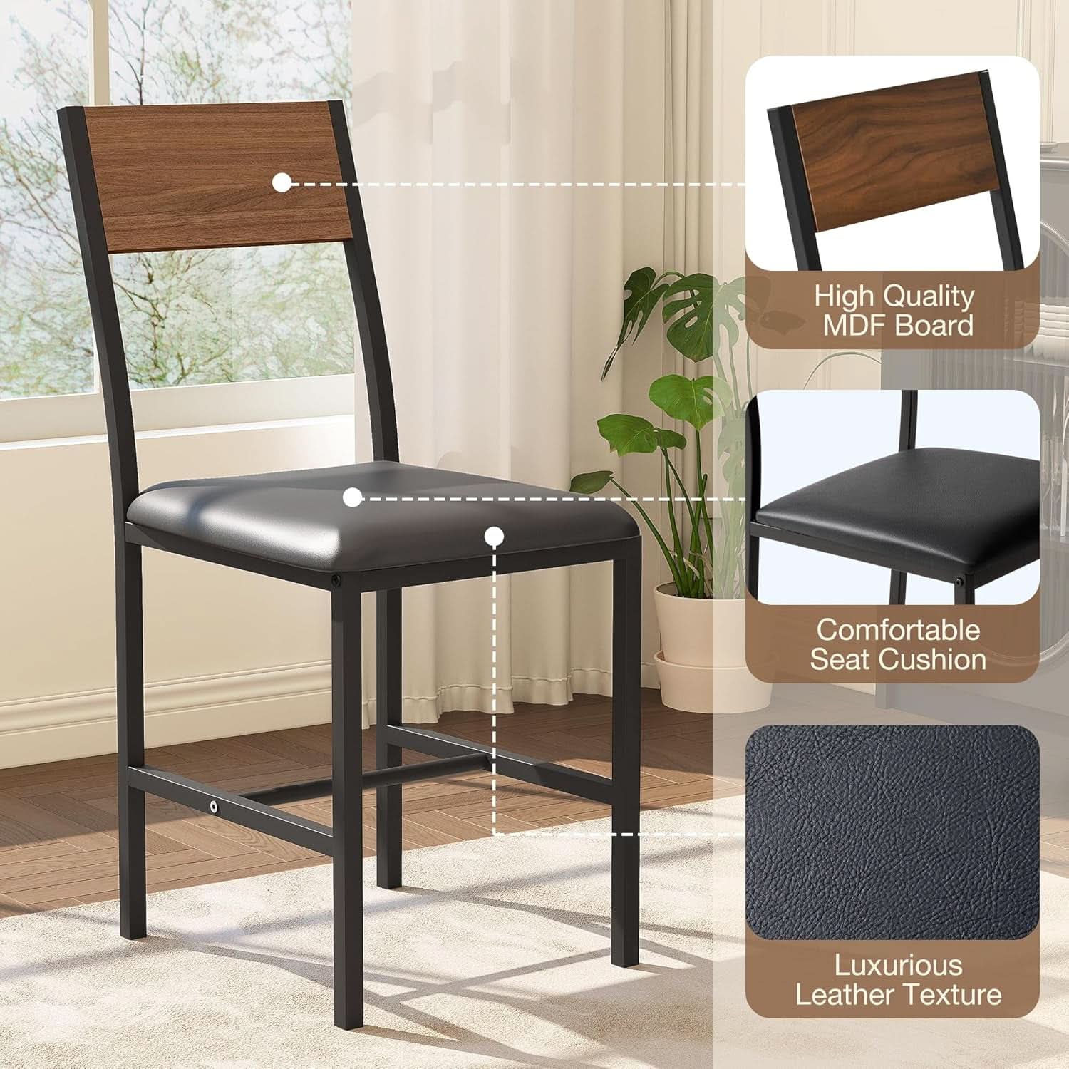 Juego de comedor redondo para cuatro personas, acabado en madera de nogal y metal