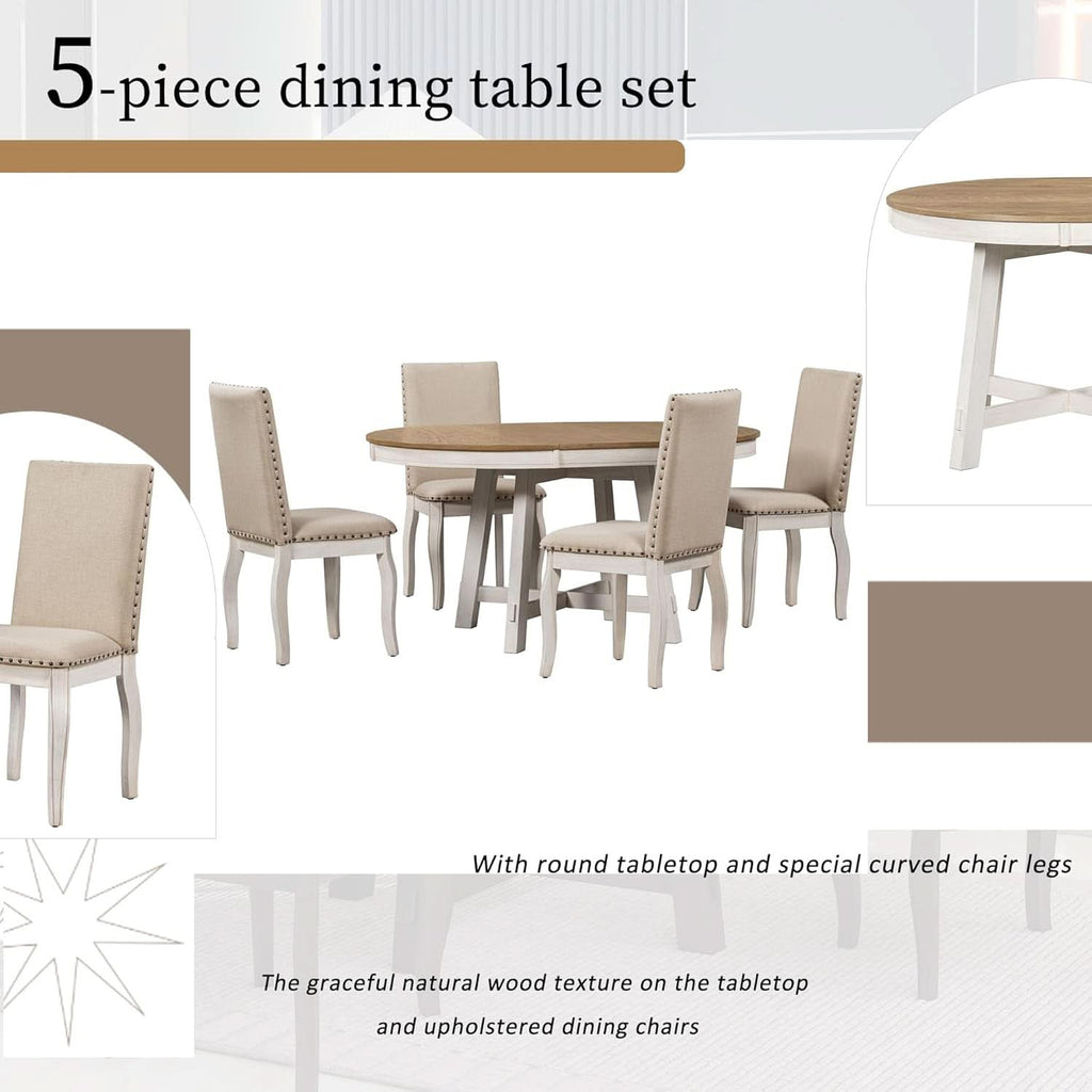 Juego de mesa de comedor redonda extensible estilo rústico, acabado roble con sillas tapizadas