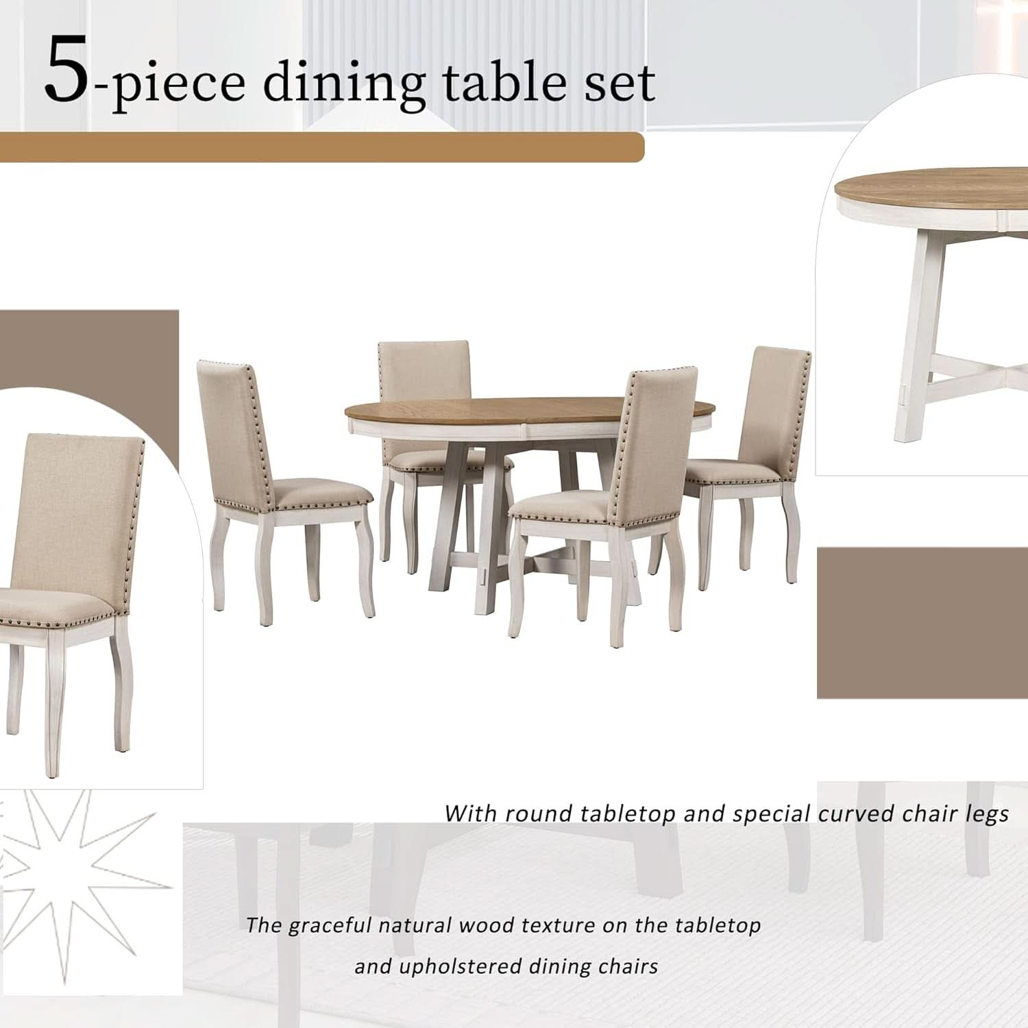 Juego de mesa de comedor redonda extensible estilo rústico, acabado roble con sillas tapizadas