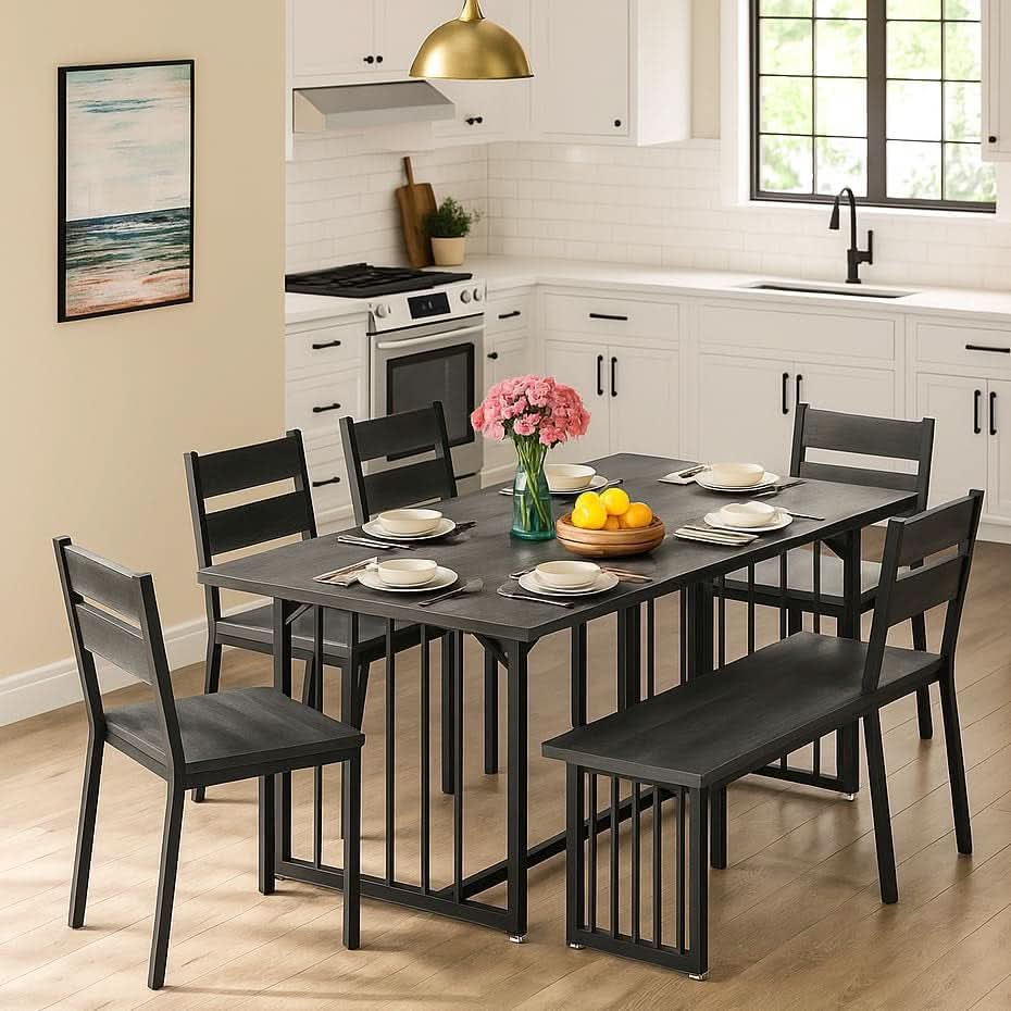 Juego de comedor rectangular gris oscuro de 63 pulgadas estilo rústico