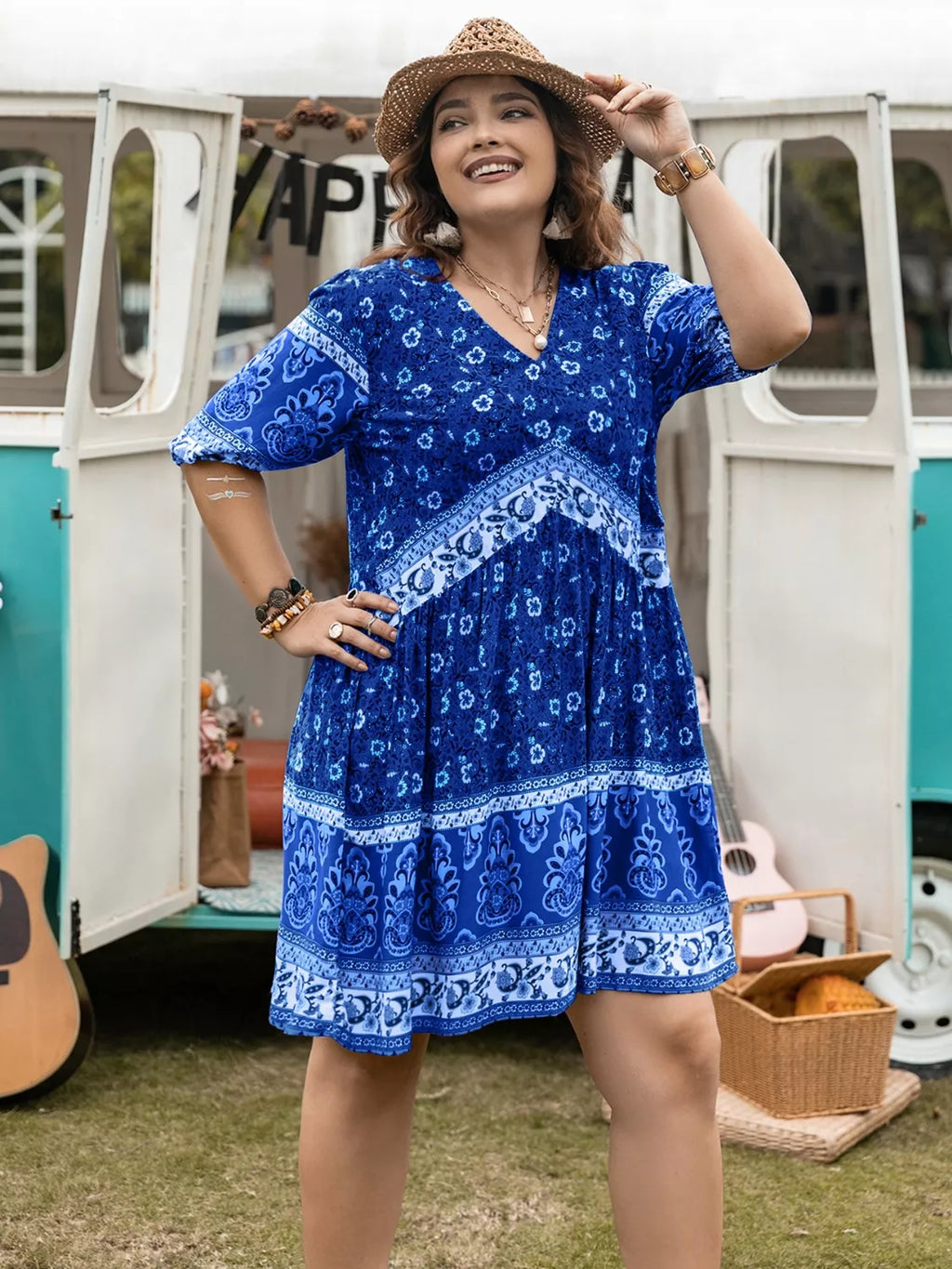 Plus Size Floral V-Neck Mini Dress