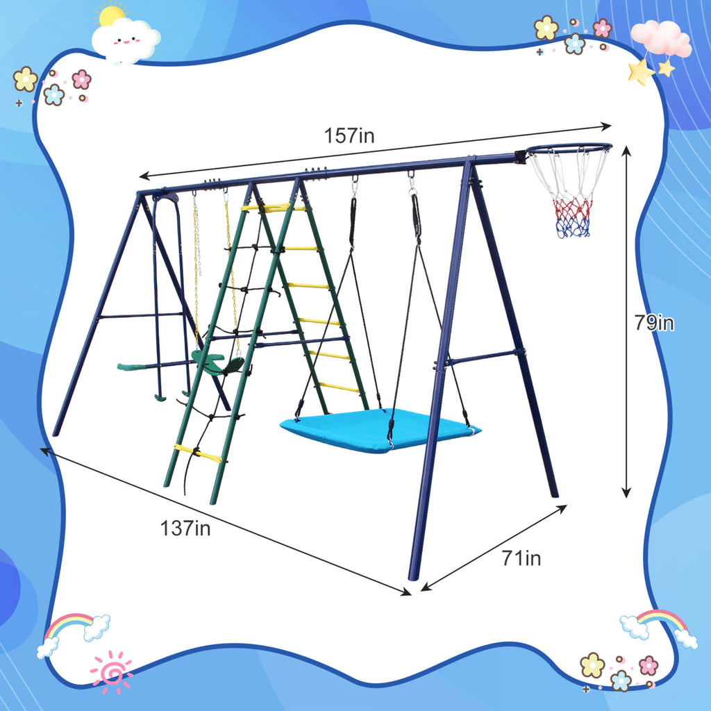 Columpio exterior 6 en 1 con escalera de red para trepar y canasta de baloncesto (SAK98152)