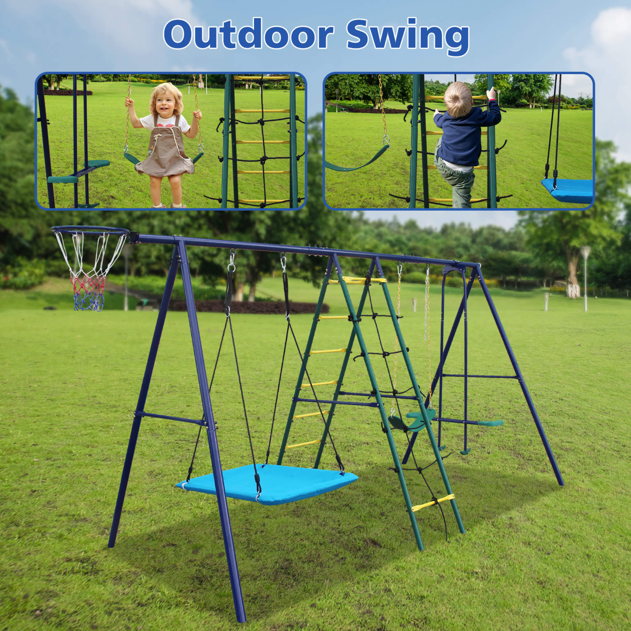 Columpio exterior 6 en 1 con escalera de red para trepar y canasta de baloncesto (SAK98152)