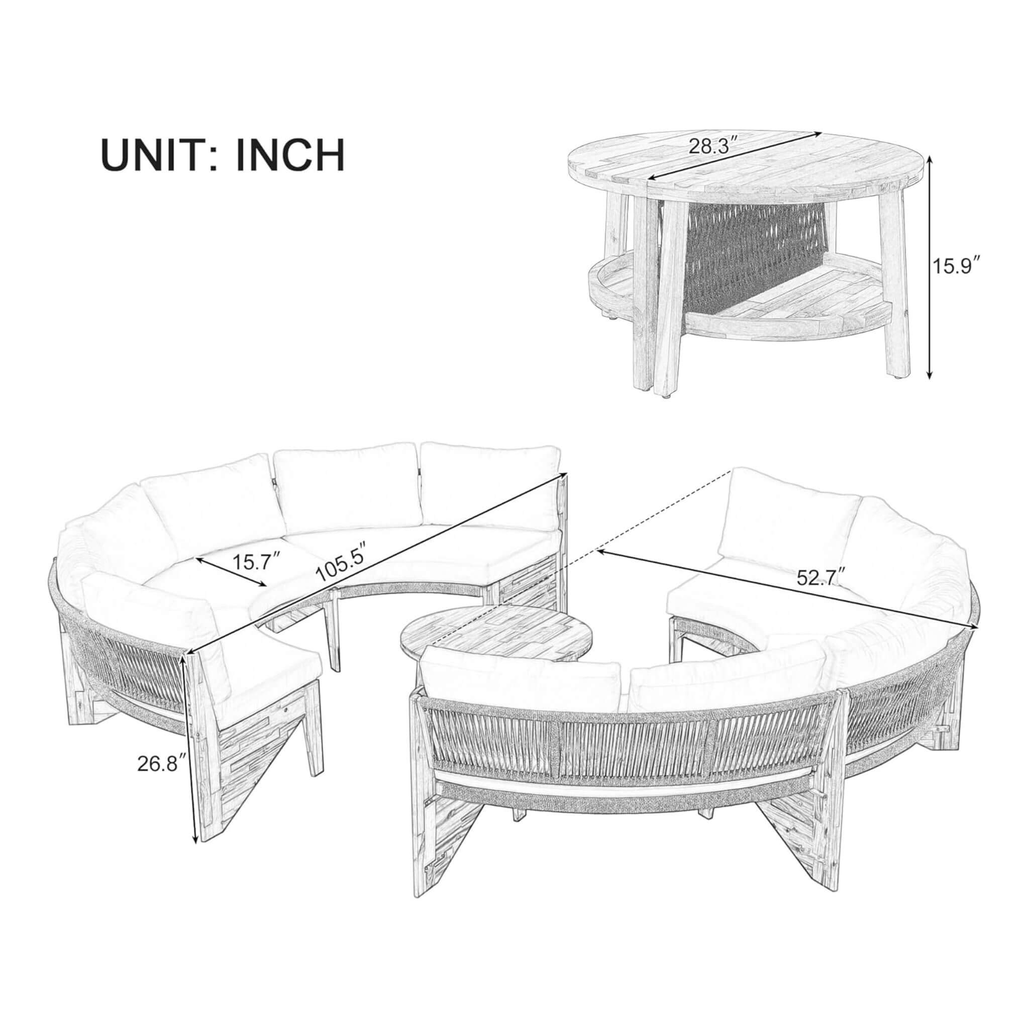 Juego de seccional de patio beige Alora de 6 plazas en forma de media luna con cojines y mesa (SAK61928)