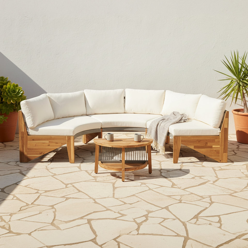Juego de seccional de patio beige Alora de 6 plazas en forma de media luna con cojines y mesa (SAK61928)