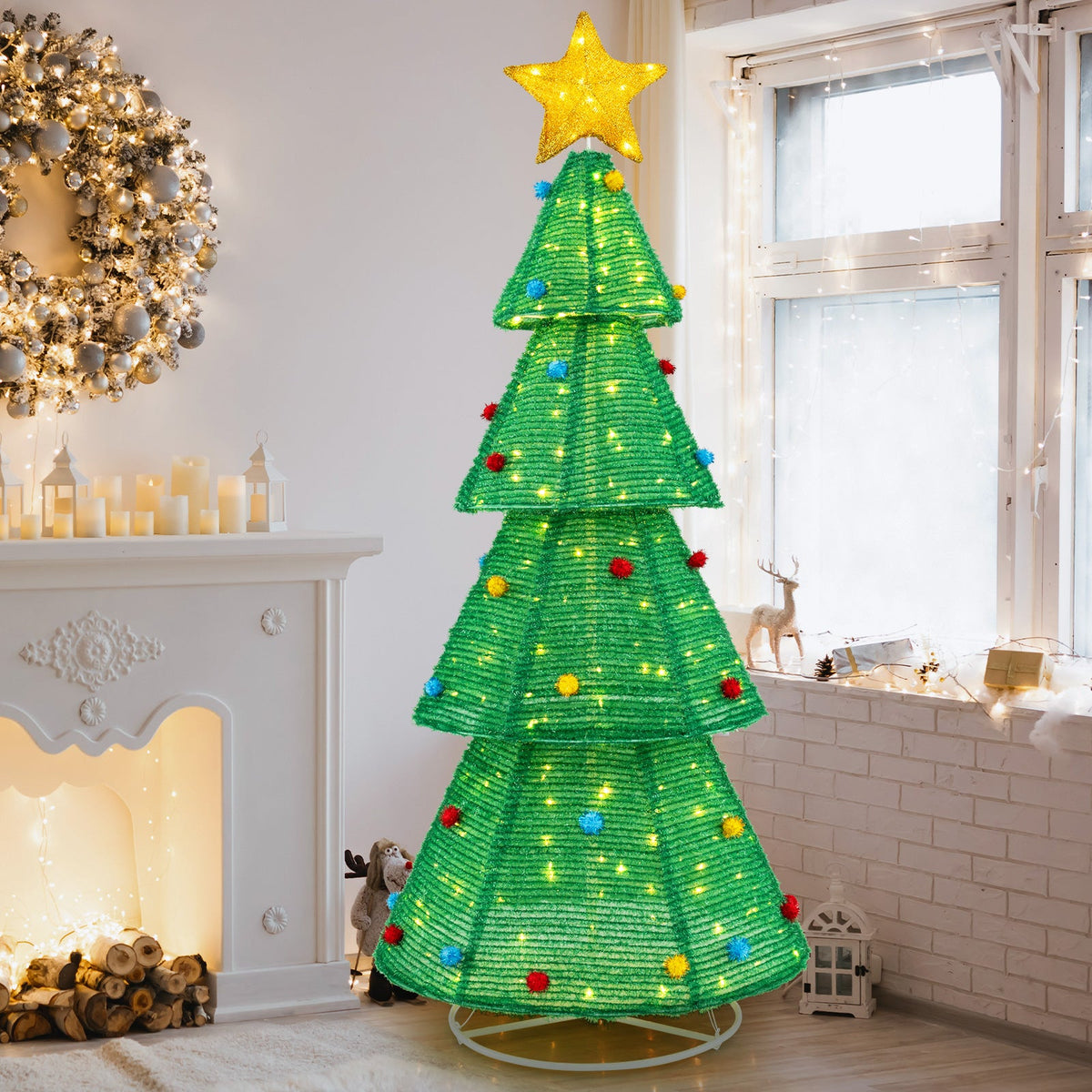 6.2 Feet Collapsible Christmas Tree with 200 Built-in LED Lights and Top Star Decoration