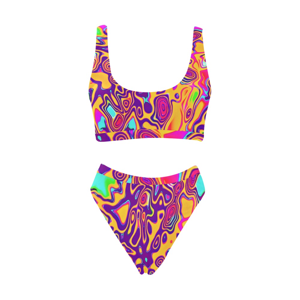 Top deportivo y bañador bikini de cintura alta con estampado "Explosión de Plasma Retro Psicodélico" / Conjunto de fiesta rave