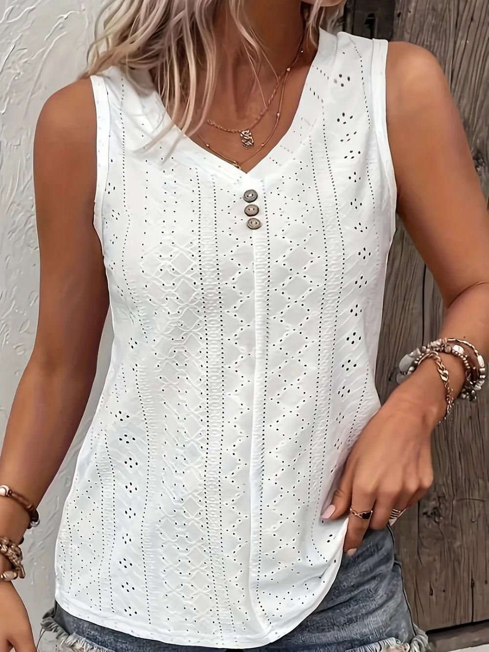 Full Size Eyelet V-Neck Tank Plus Size