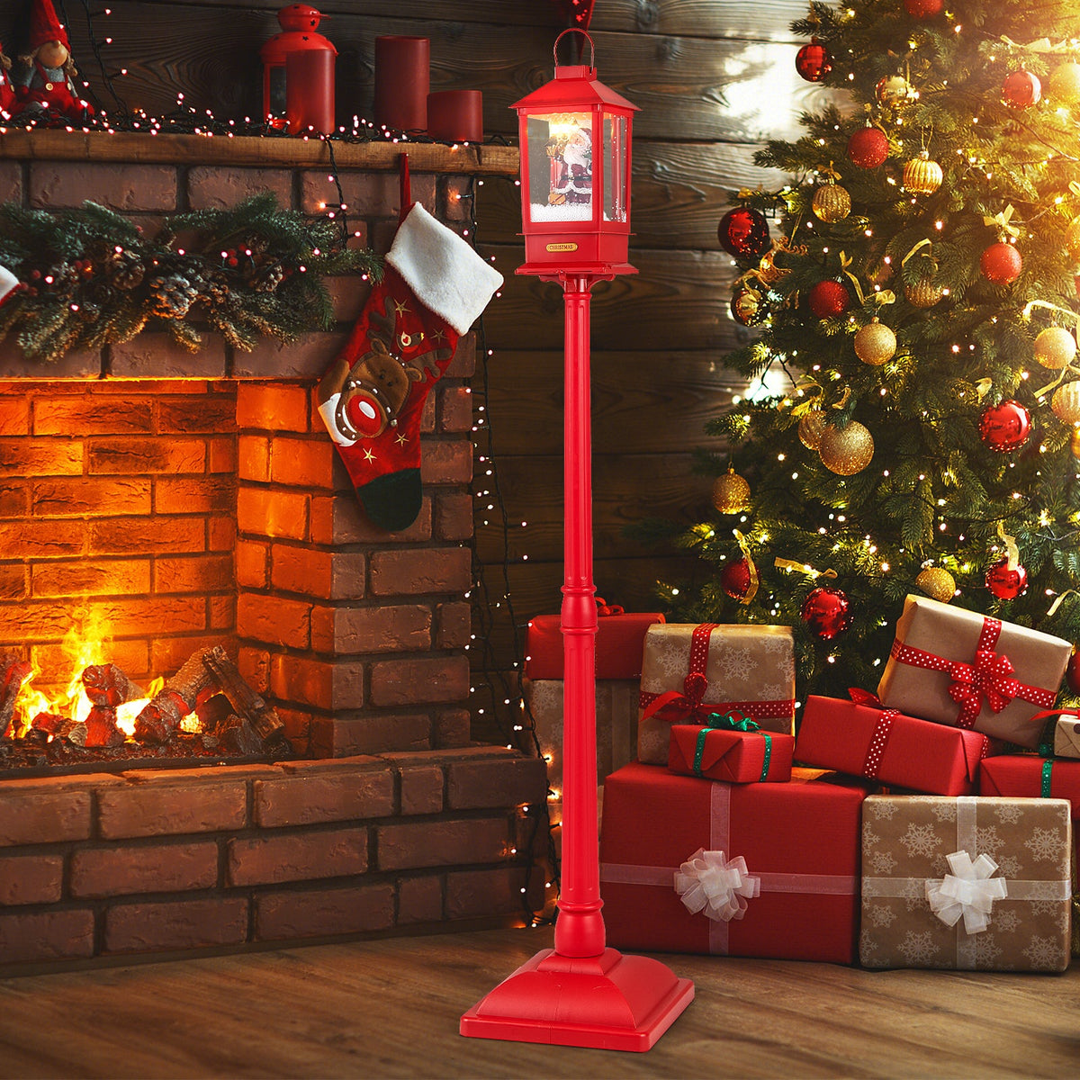 61 Inch Christmas Musical Street Lamp Post with Detachable Snow Globe Lantern-Red