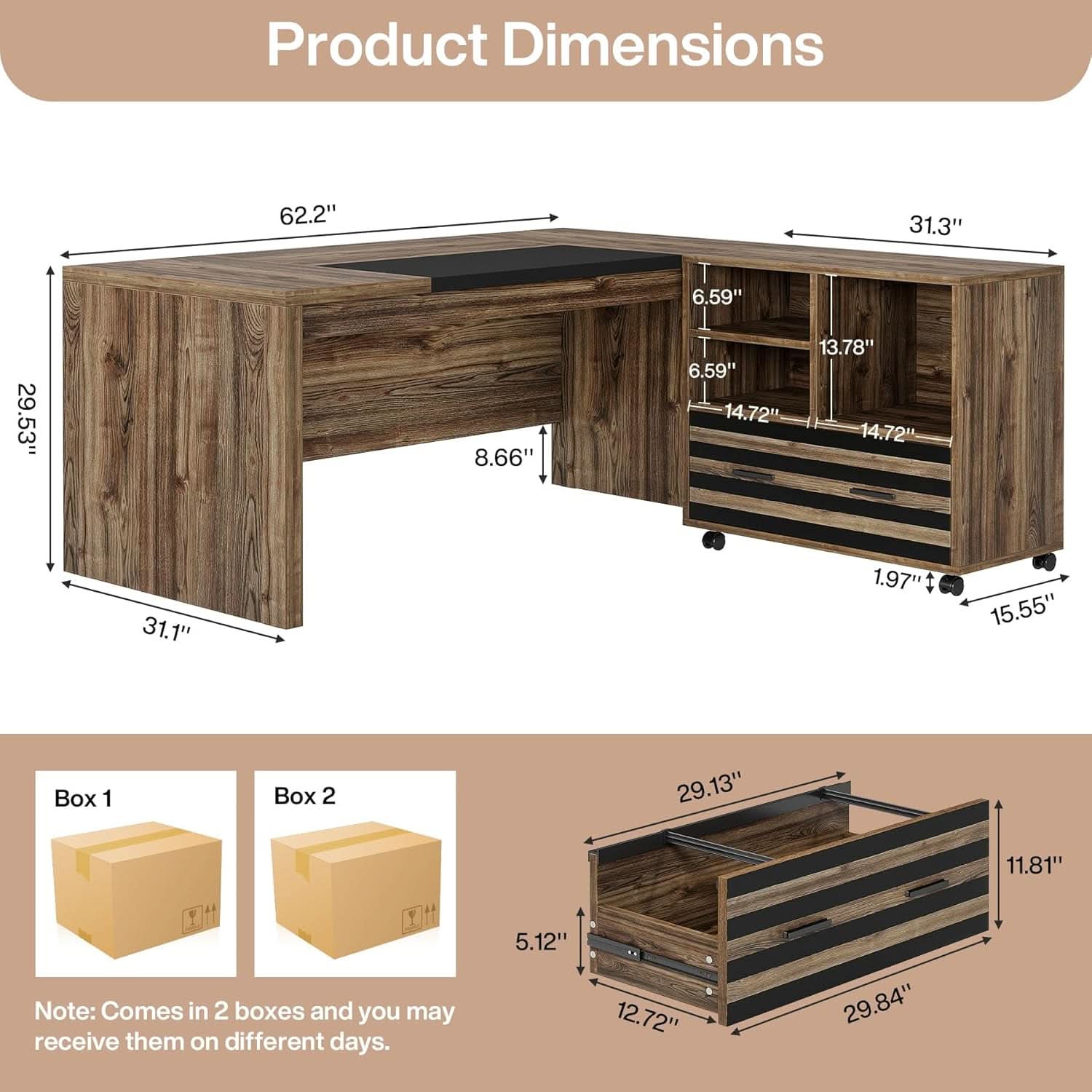 62.2 Inch L Shaped Desk With Mobile File Cabinet Brown