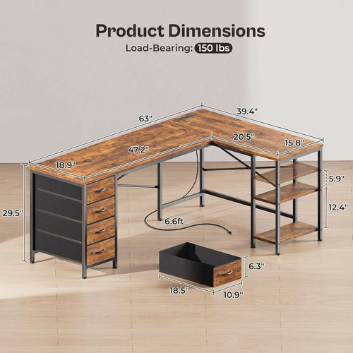 63 Inch L Shaped Desk With Built In Power Outlets And USB