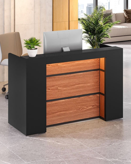 63 Inch Reception Desk Black And Brown Office Counter