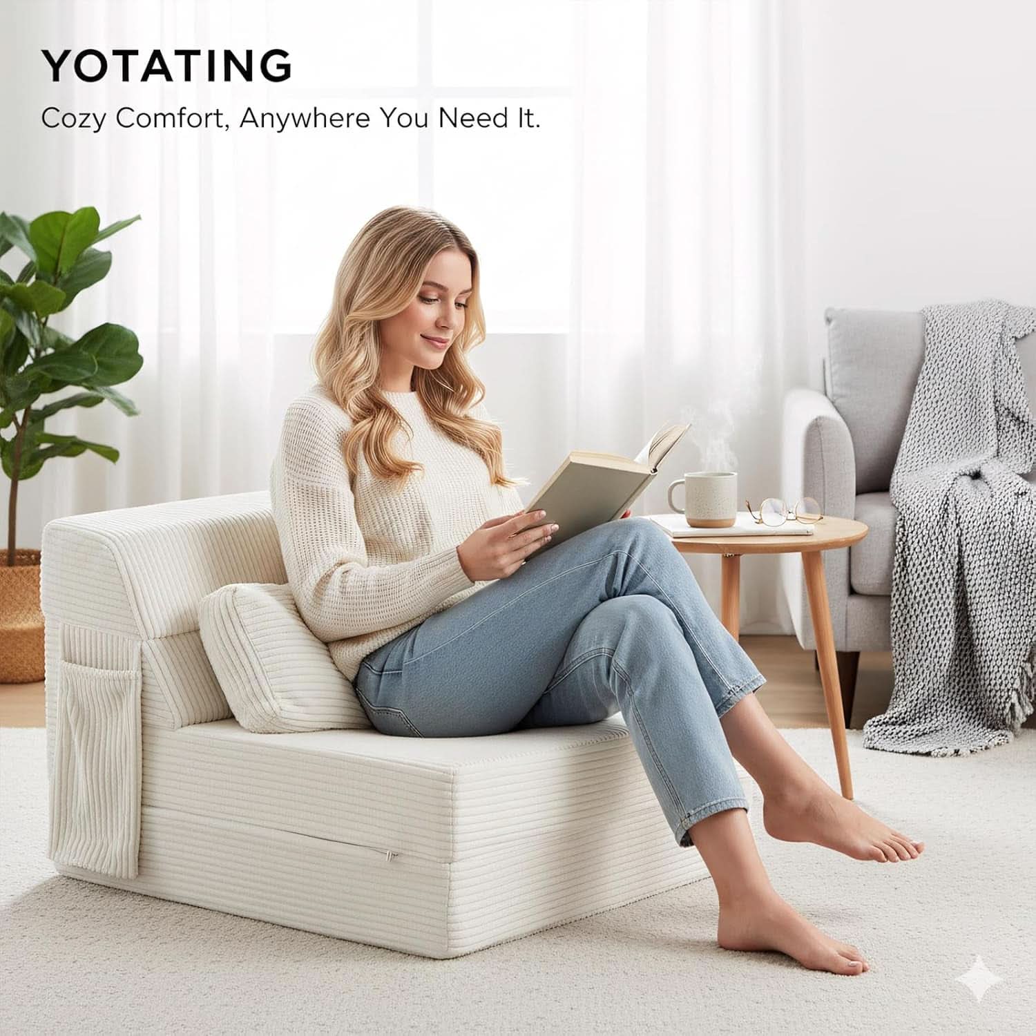 Sofá cama plegable tapizado beige convertible para suelo