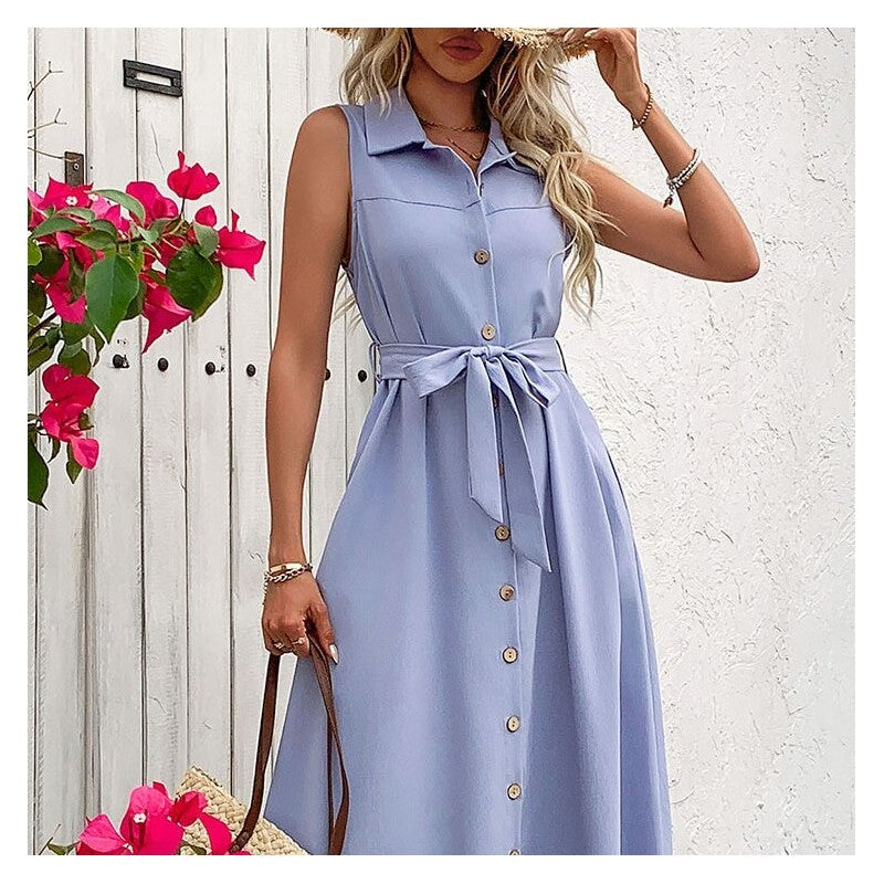 Solid Color Belted Shirt Dress