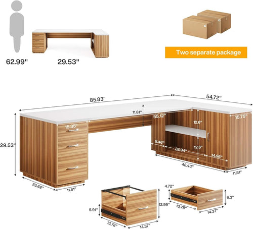 85 Point 8 Inch L-Shaped Executive Desk White Walnut Storage Cabinet