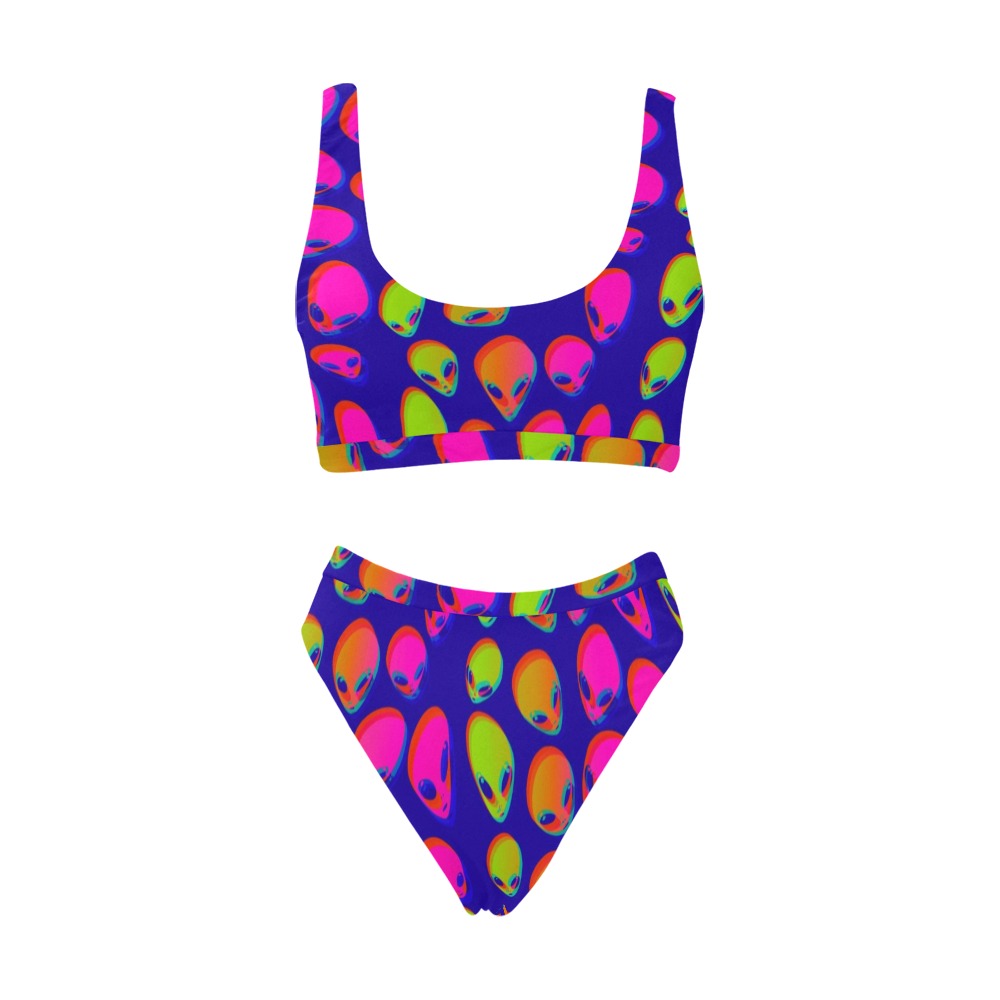 Traje de Baño Bikini Top Deportivo y Tiro Alto Neon Alien Blast / Conjunto de Rave | Reacciona a Luz Negra UV