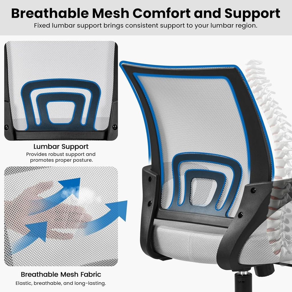 Silla de oficina ergonómica de malla con soporte lumbar, gris