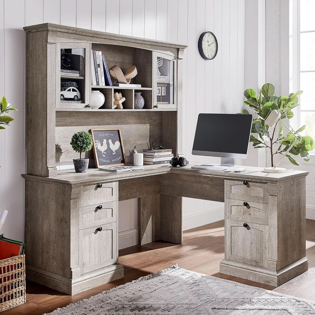 Escritorio en L de 60 pulgadas con mueble superior, acabado roble rústico claro