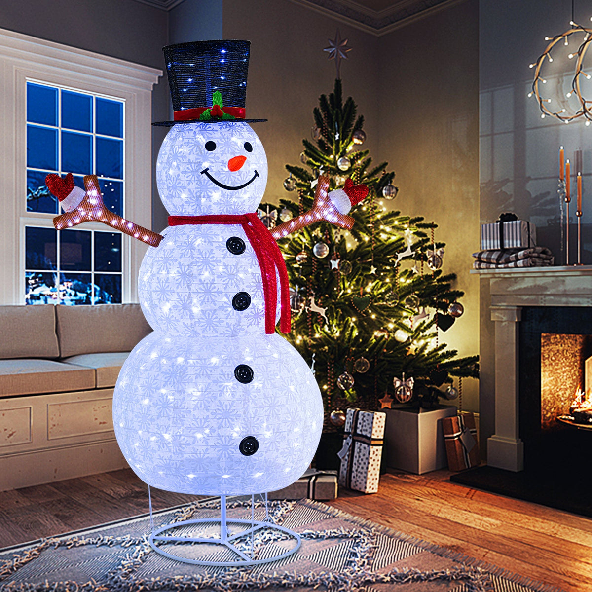 6 Feet Pre-Lit Christmas Snowman with Built-in Lights and Black Hat