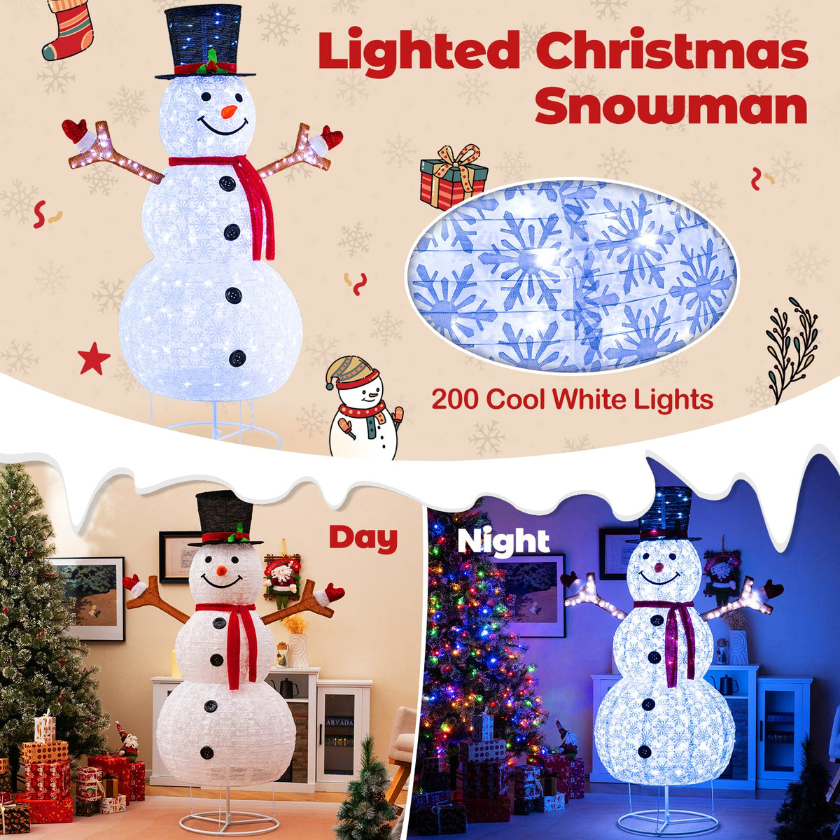 6 Feet Pre-Lit Christmas Snowman with Built-in Lights and Black Hat