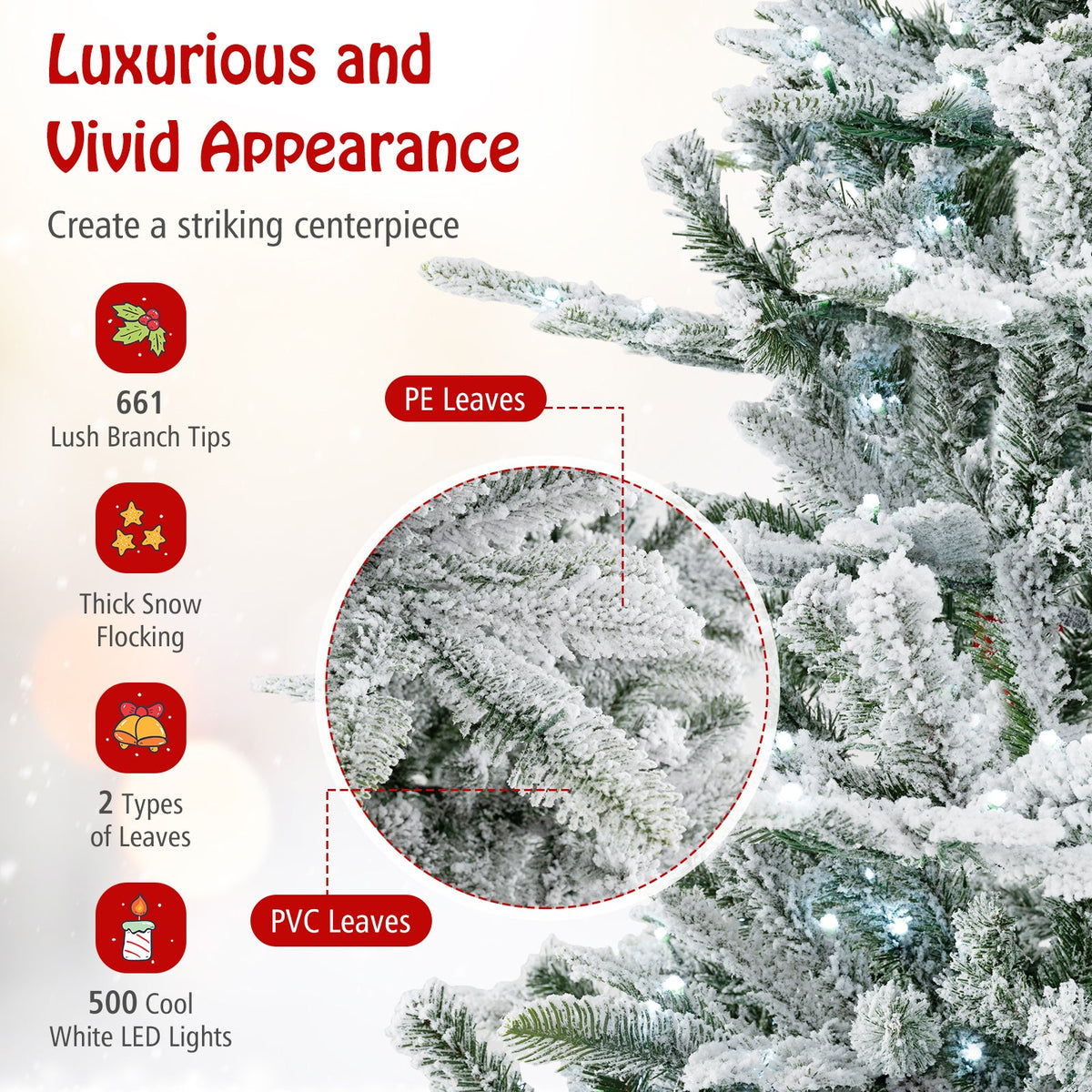 6 Feet Snow Flocked Artificial Christmas Tree with Cool White LED Lights