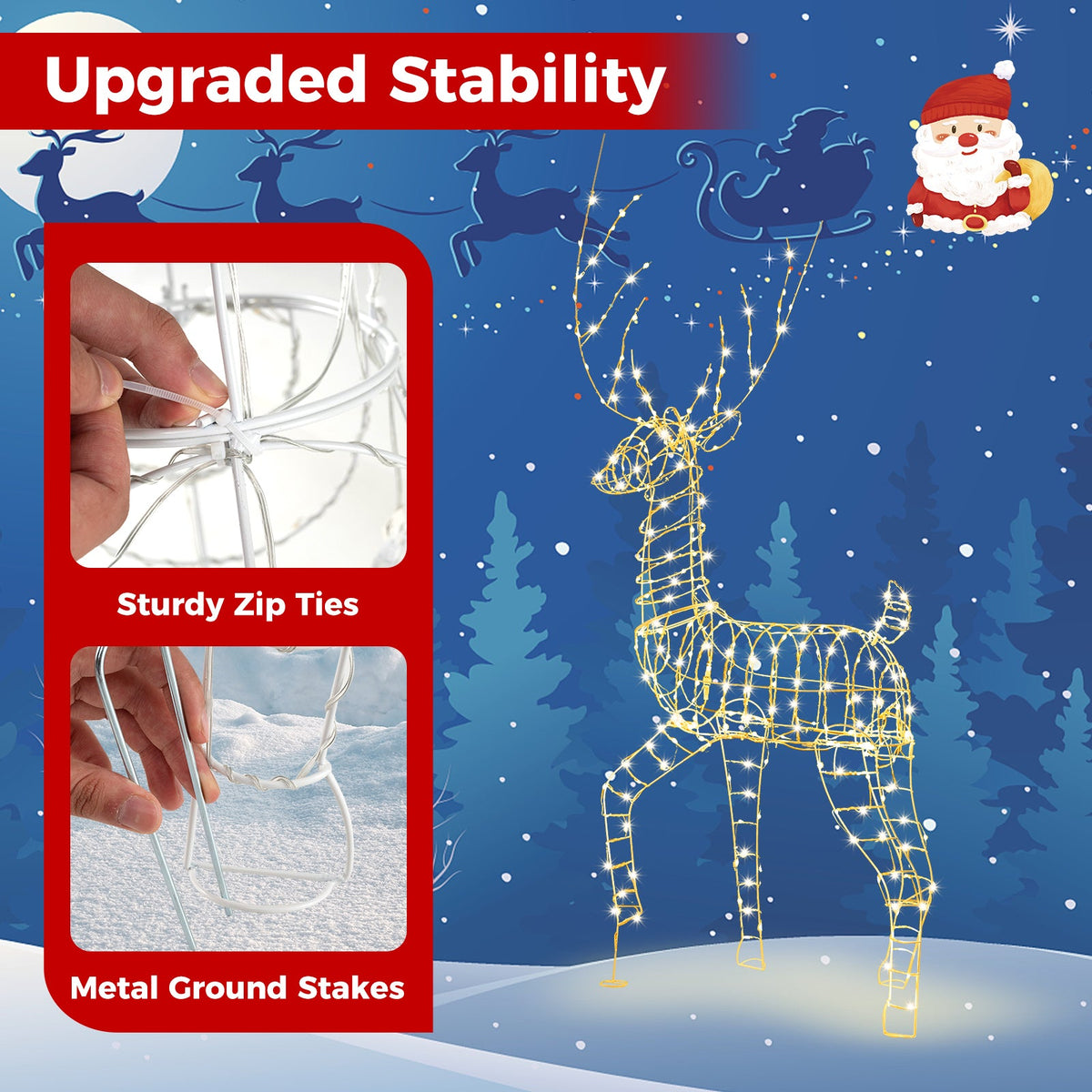 6 FT Pre-Lit Christmas Reindeer with 300 Warm White LED Lights and Zip Ties
